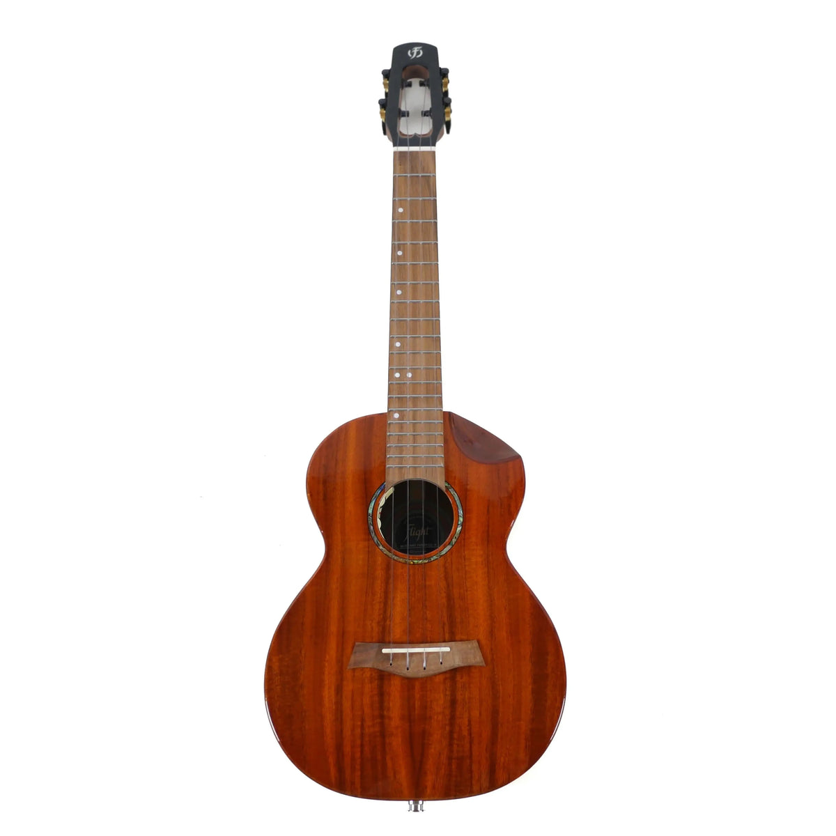 Flight Mustang EQ-A Solid Acacia Tenor Ukulele with glossy finish, dark headstock, and light wood fretboard.