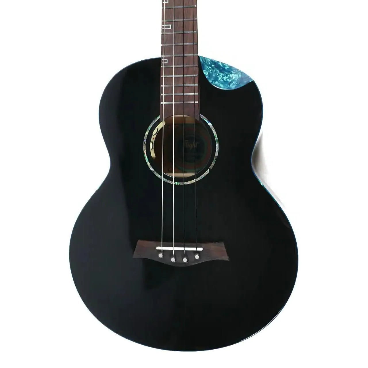 Flight Nighthawk EQ-A Baritone Ukulele with black solid spruce top, white shell rosette, and blue binding.