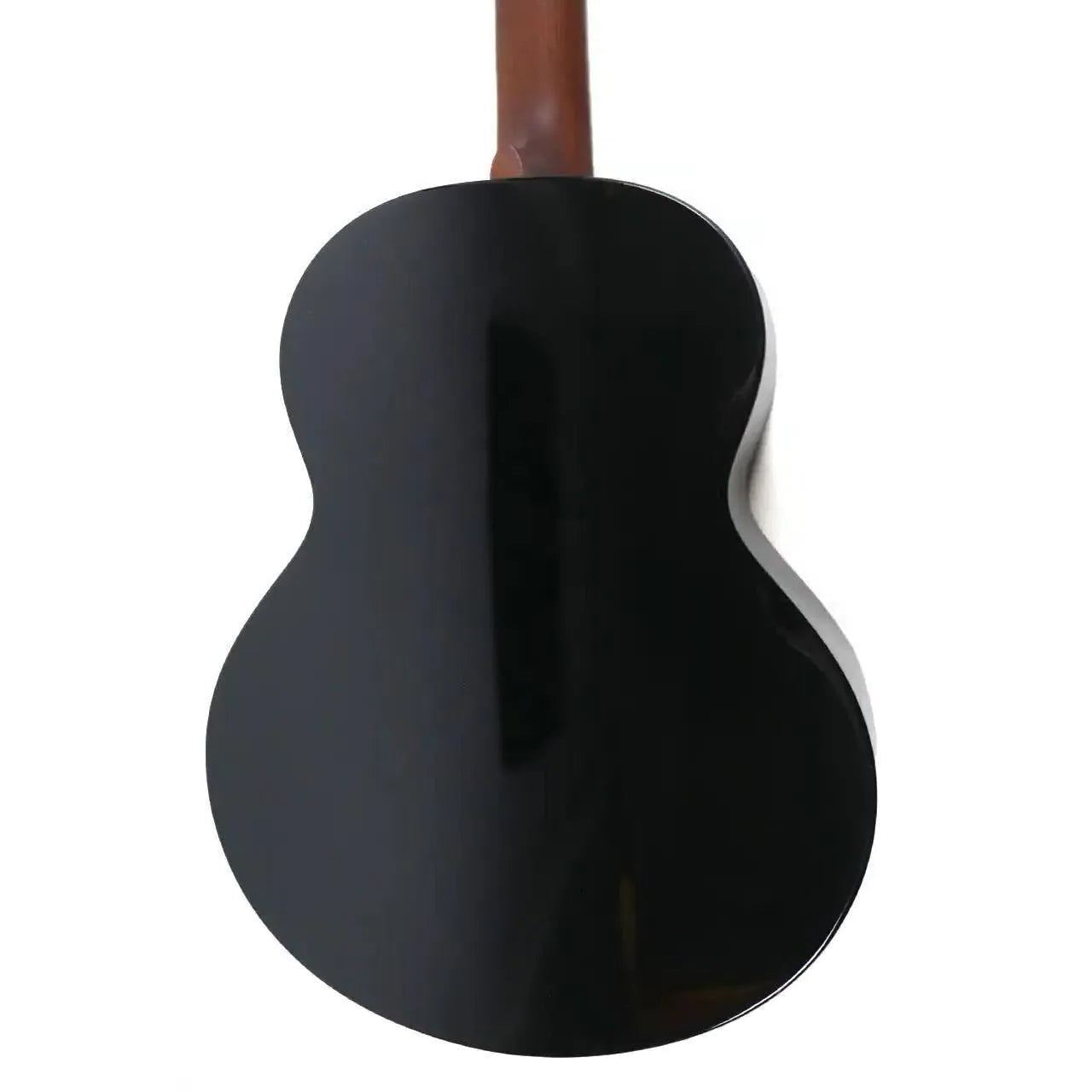 Back of a black Flight Nighthawk EQ-A Baritone Ukulele with a dark brown mahogany neck.