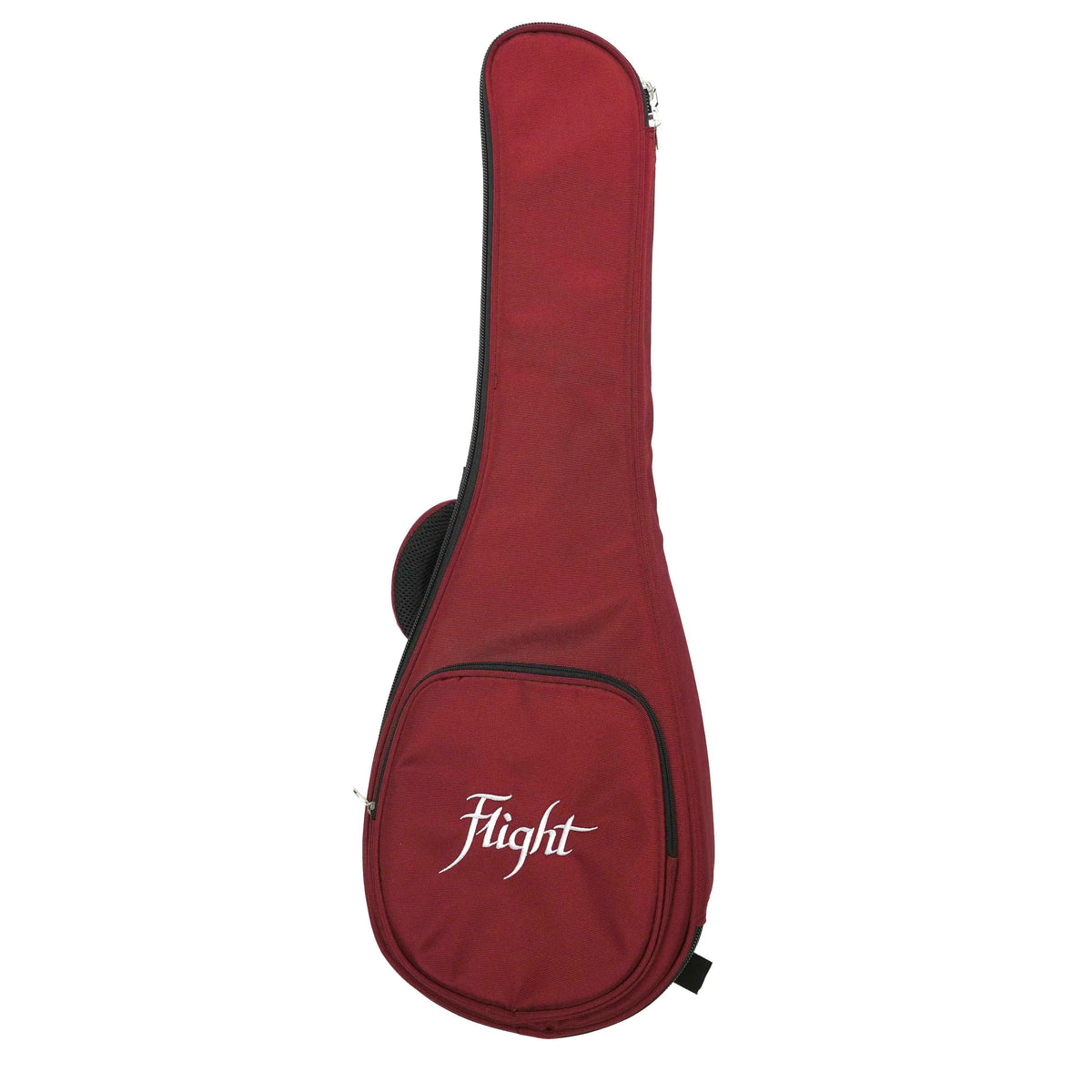 Flight Nighthawk EQ-A Baritone Ukulele gig bag in deep red with white Flight logo and black trim.