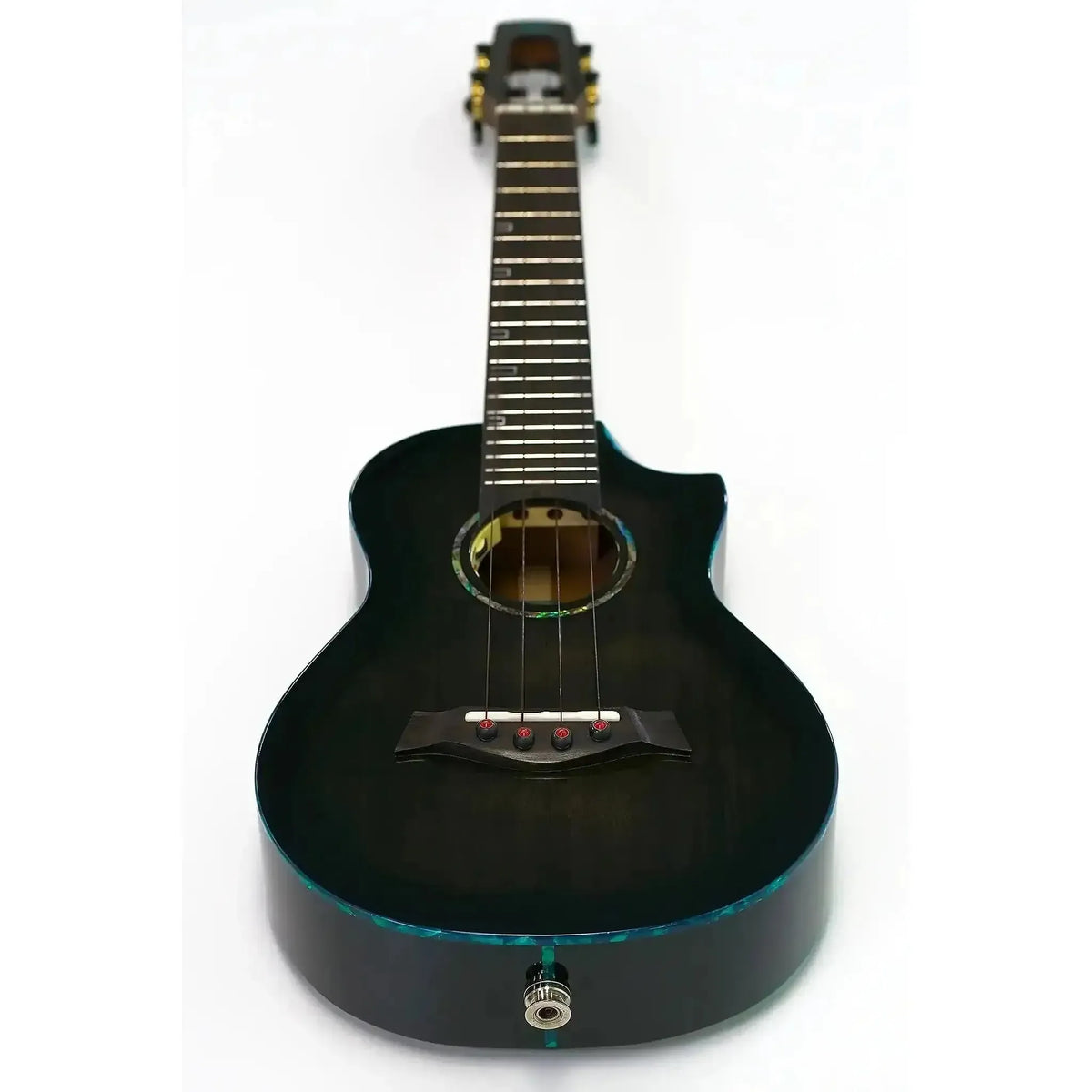 Flight Nighthawk EQ-A Concert Ukulele with Moonburst finish, blue binding, and pickup jack.