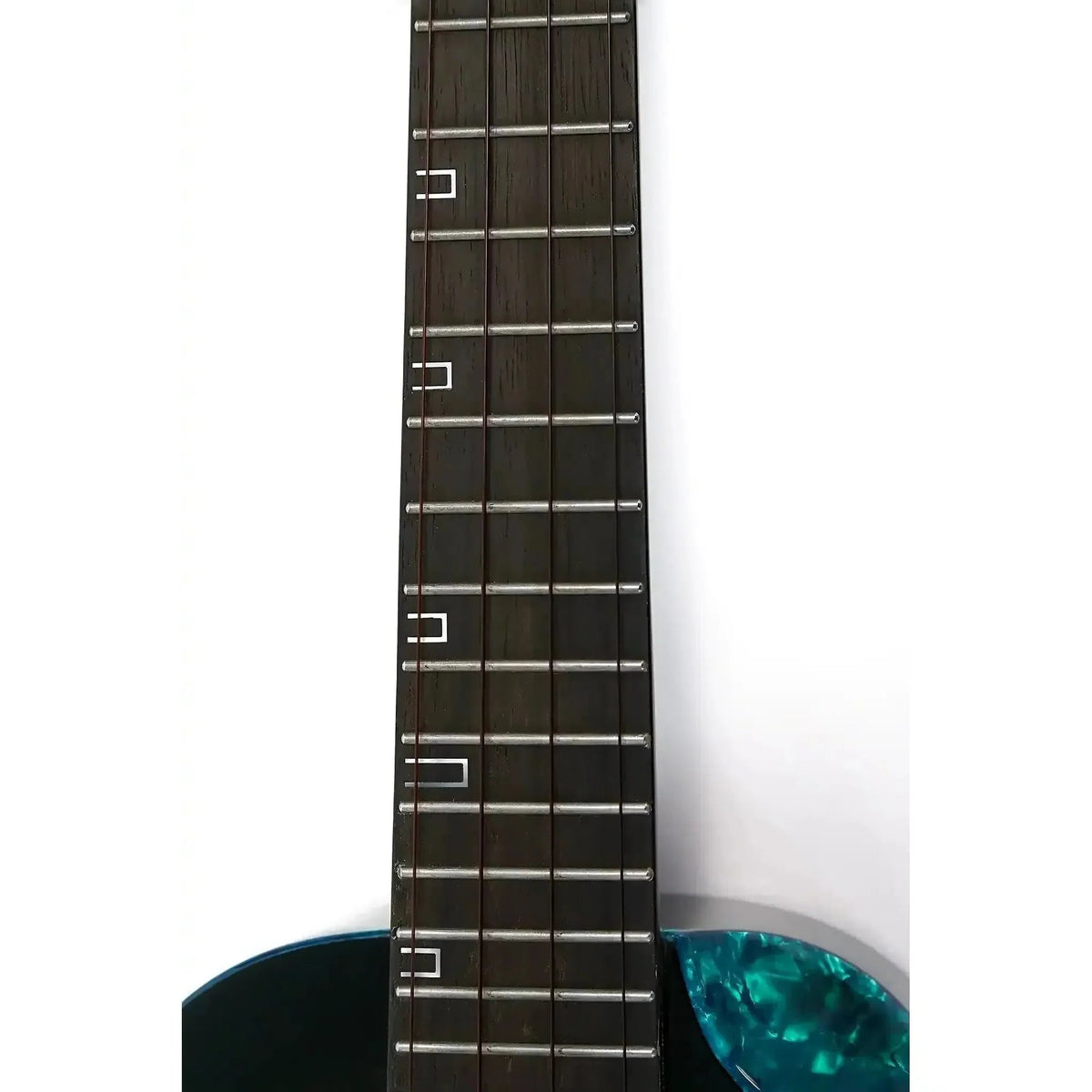 Flight Nighthawk EQ-A Concert Ukulele fretboard with rosewood, silver frets, and unique U-shaped inlays.