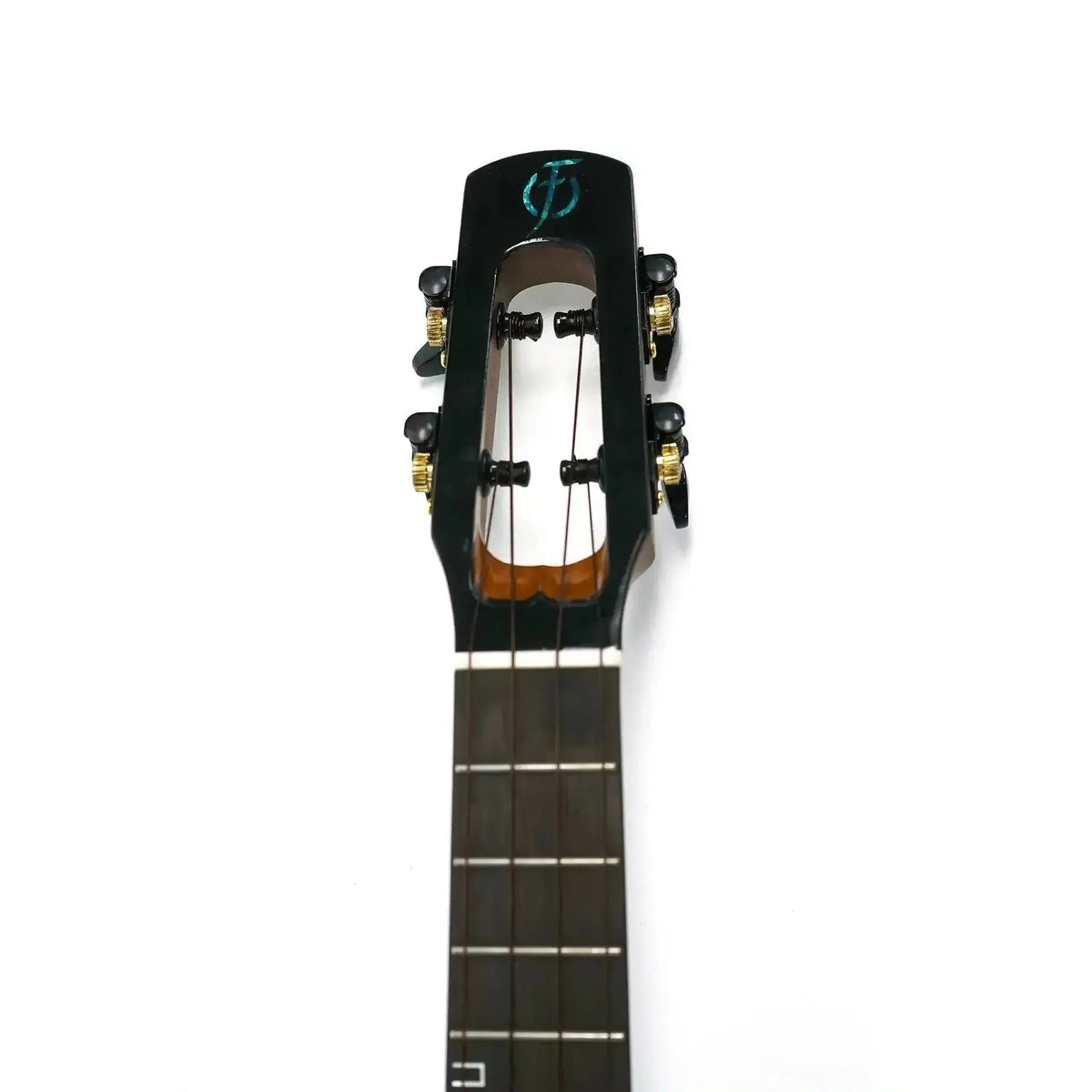 Flight Nighthawk EQ-A Concert Ukulele headstock and fretboard with Moonburst stain and blue binding.