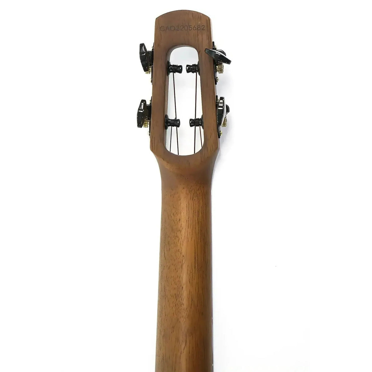 Flight Nighthawk EQ-A Concert Ukulele headstock and neck, showing the unique Moonburst stain and black tuners.