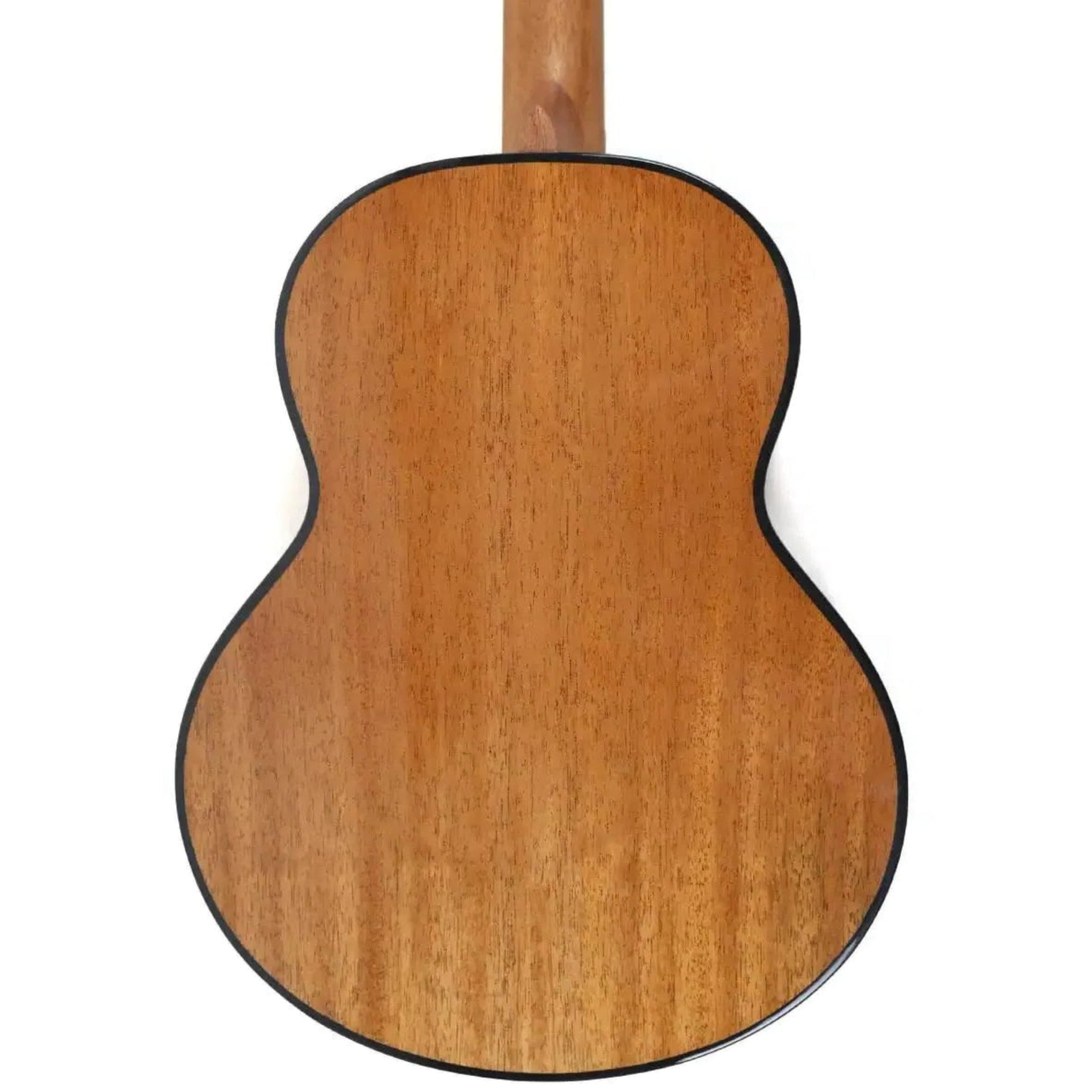 Back of a Flight Nomad Solid Mahogany Baritone Ukulele with a glossy finish and black binding.