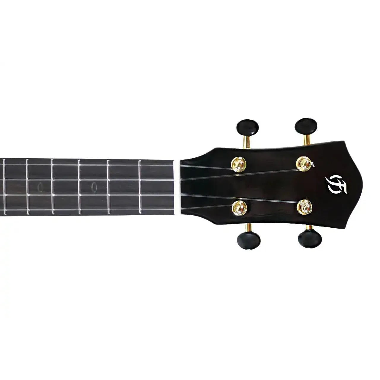 Flight Nomad Tenor Ukulele headstock and fretboard, featuring a black finish, gold tuners, and white logo.