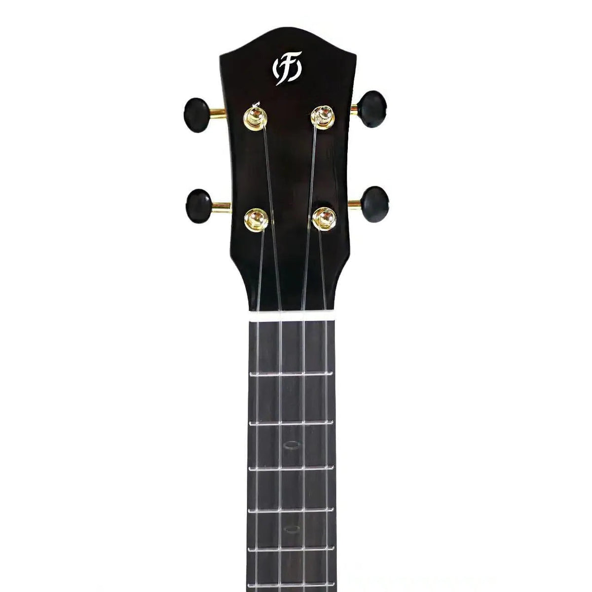 Flight Nomad Tenor Ukulele headstock and fretboard, featuring a black finish, gold tuners, and white logo.