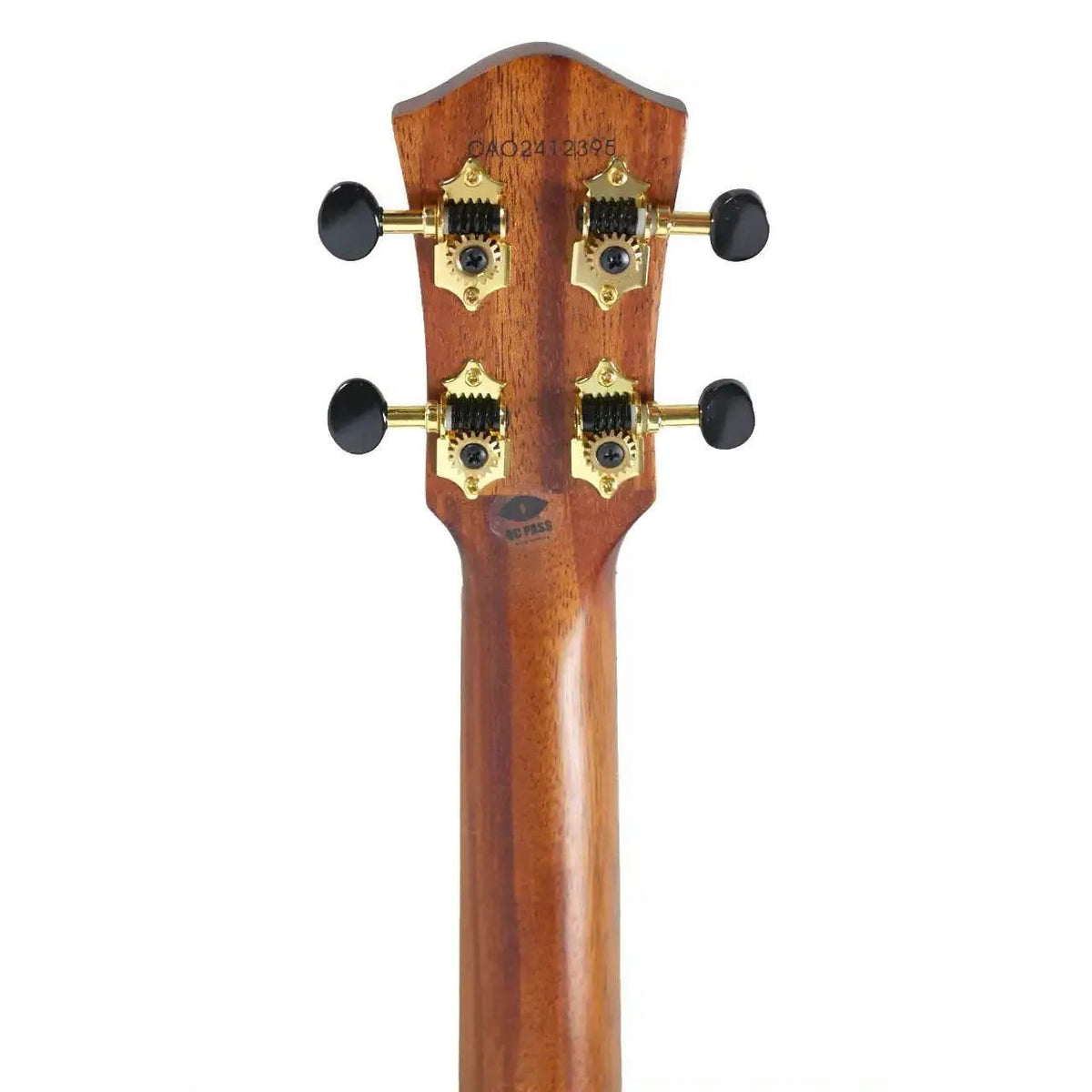 Flight Nomad Tenor Ukulele headstock with solid mahogany, gold tuners, and black knobs.