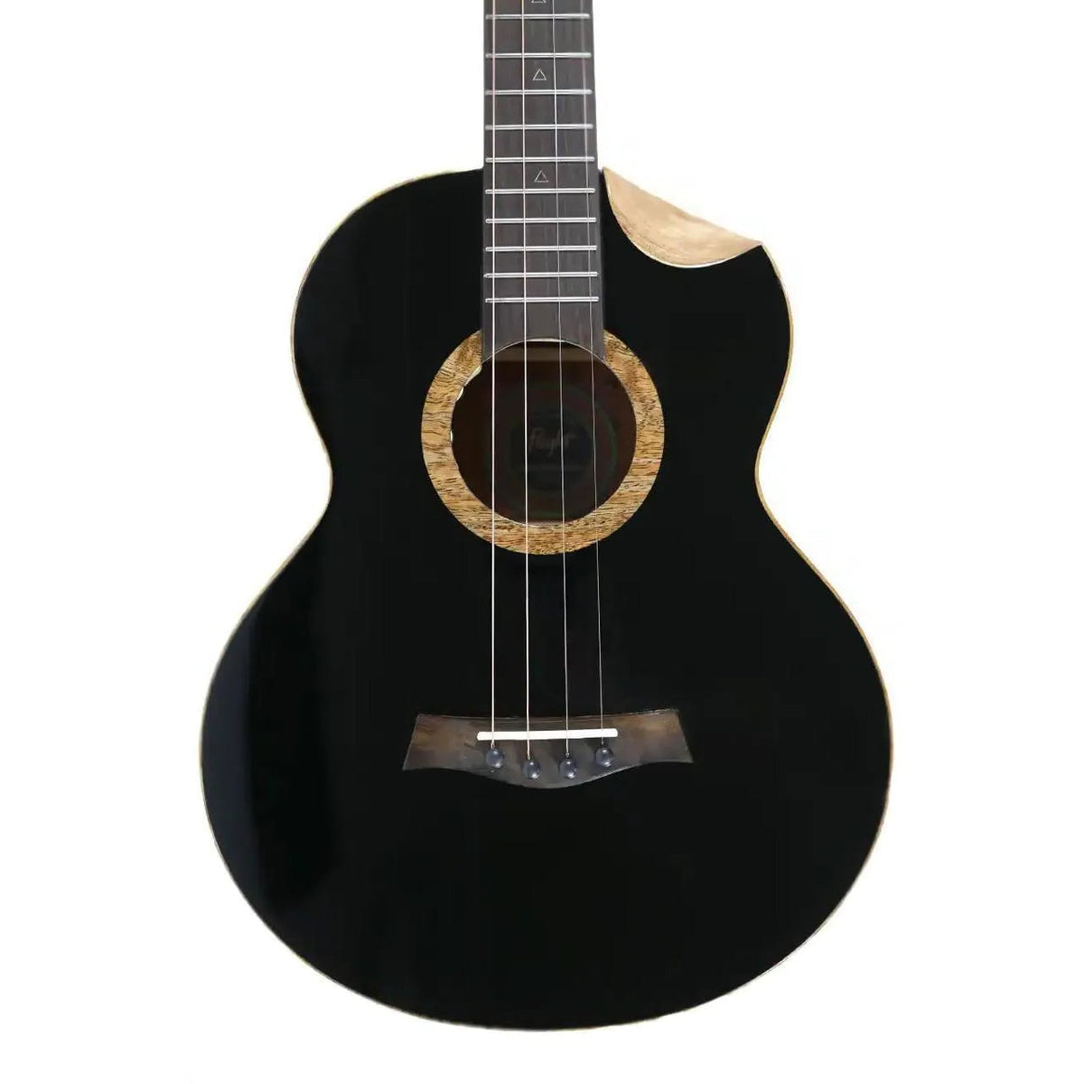 Flight Nora EQ-A Baritone Ukulele, black solid Sitka spruce top, mango binding, and wood rosette.