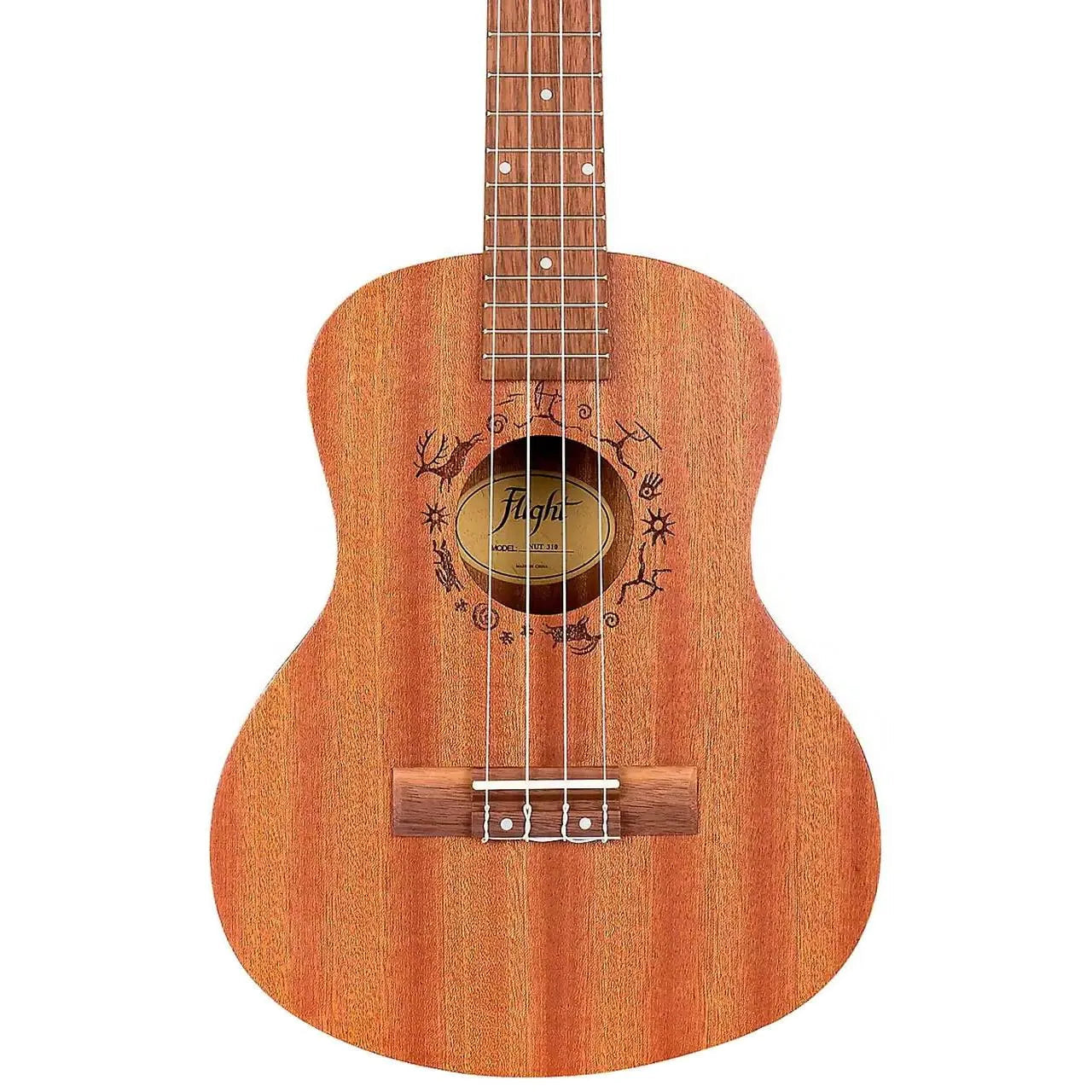 Flight NUT310 African Sapele Tenor Ukulele with laser-engraved rosette, walnut fretboard, and bridge.