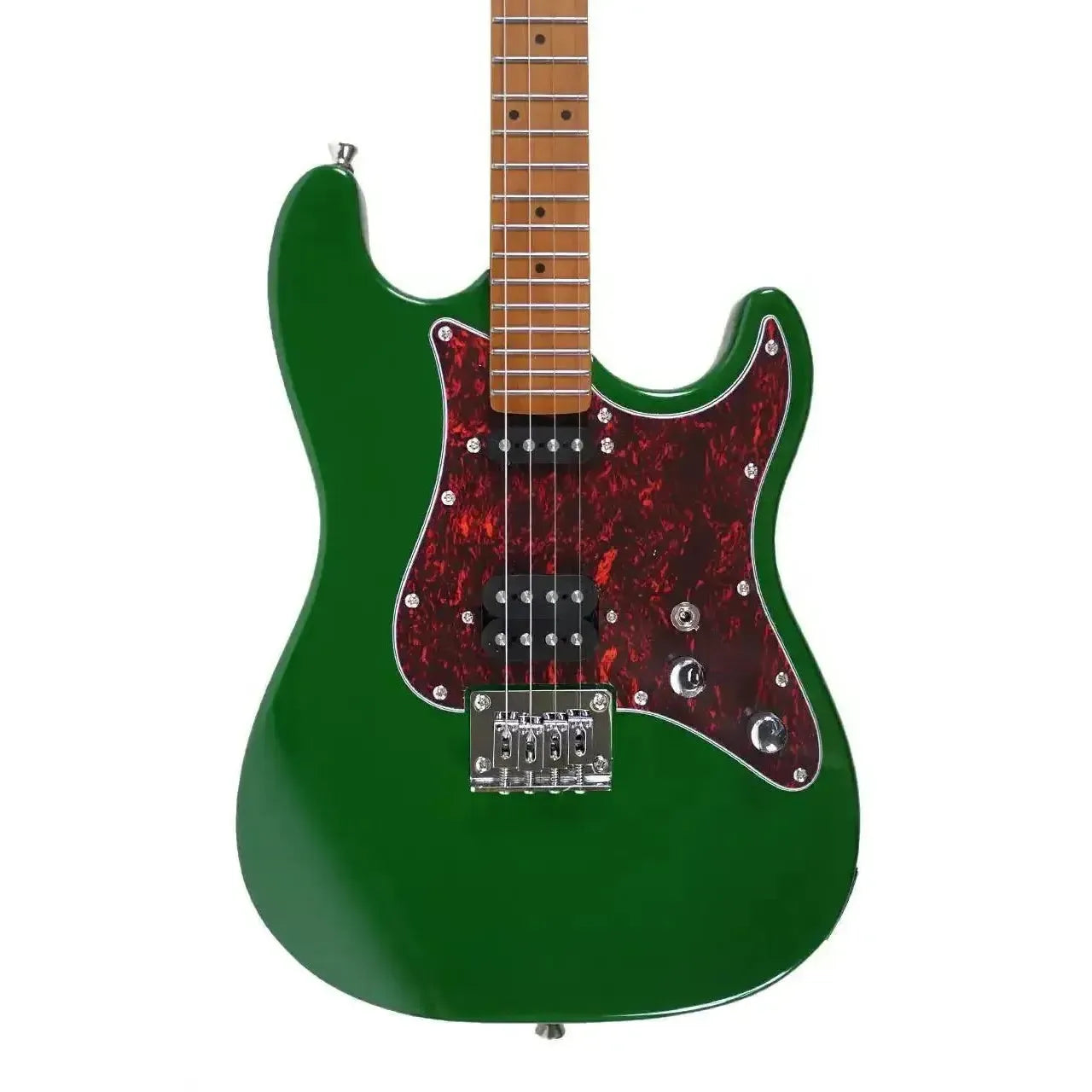 Flight Pathfinder BRG green solid body electric baritone ukulele with red tortoise pickguard.