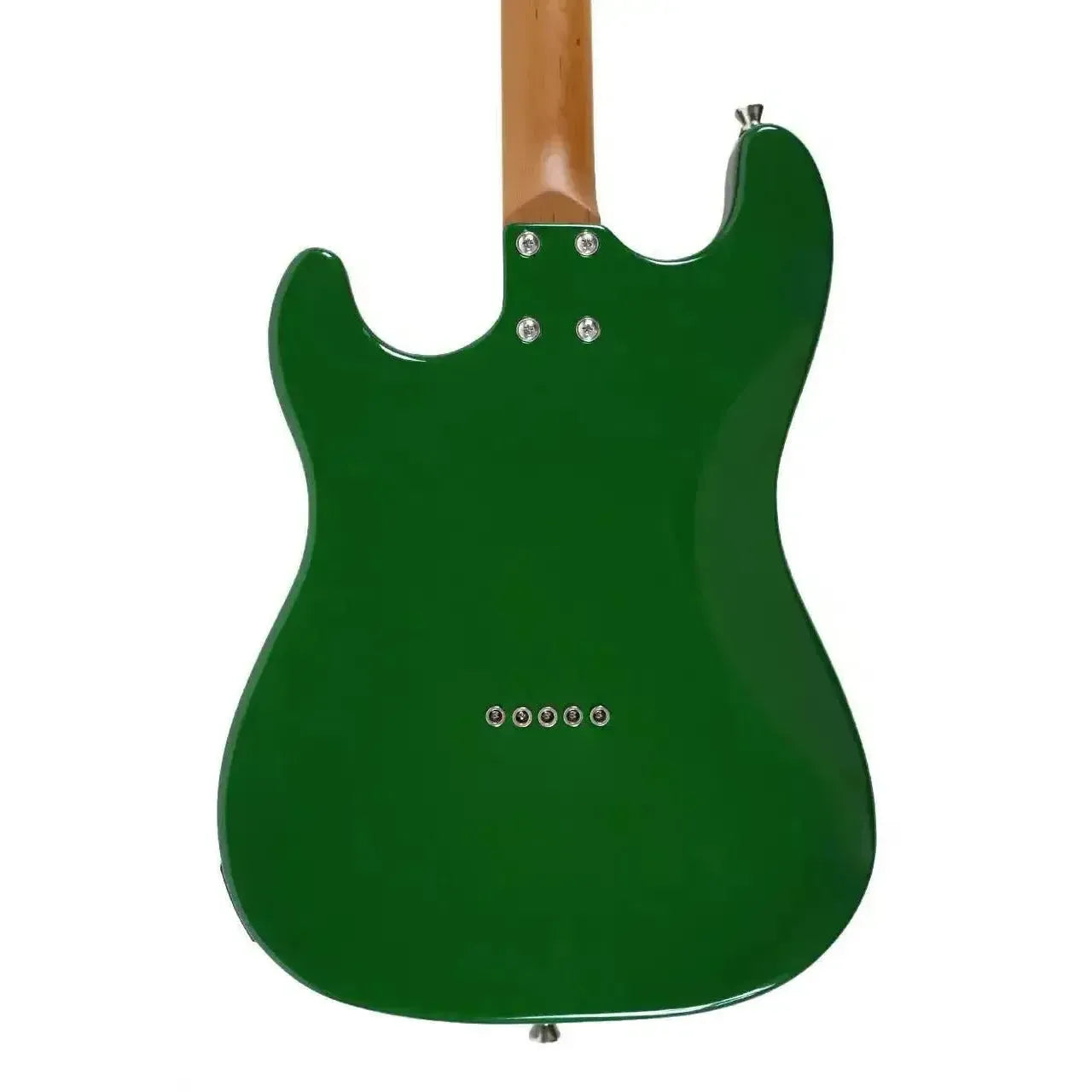 Back of a Flight Pathfinder BRG green solid body electric baritone ukulele with a maple neck.