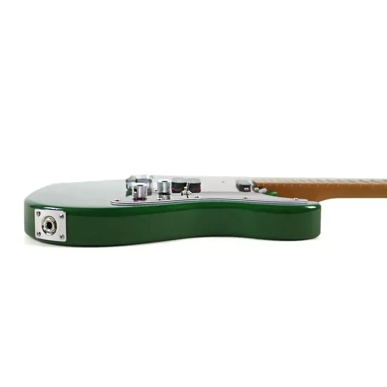 Flight Pathfinder BRG Green Solid Body Electric Baritone Ukulele, side view showing jack and controls.
