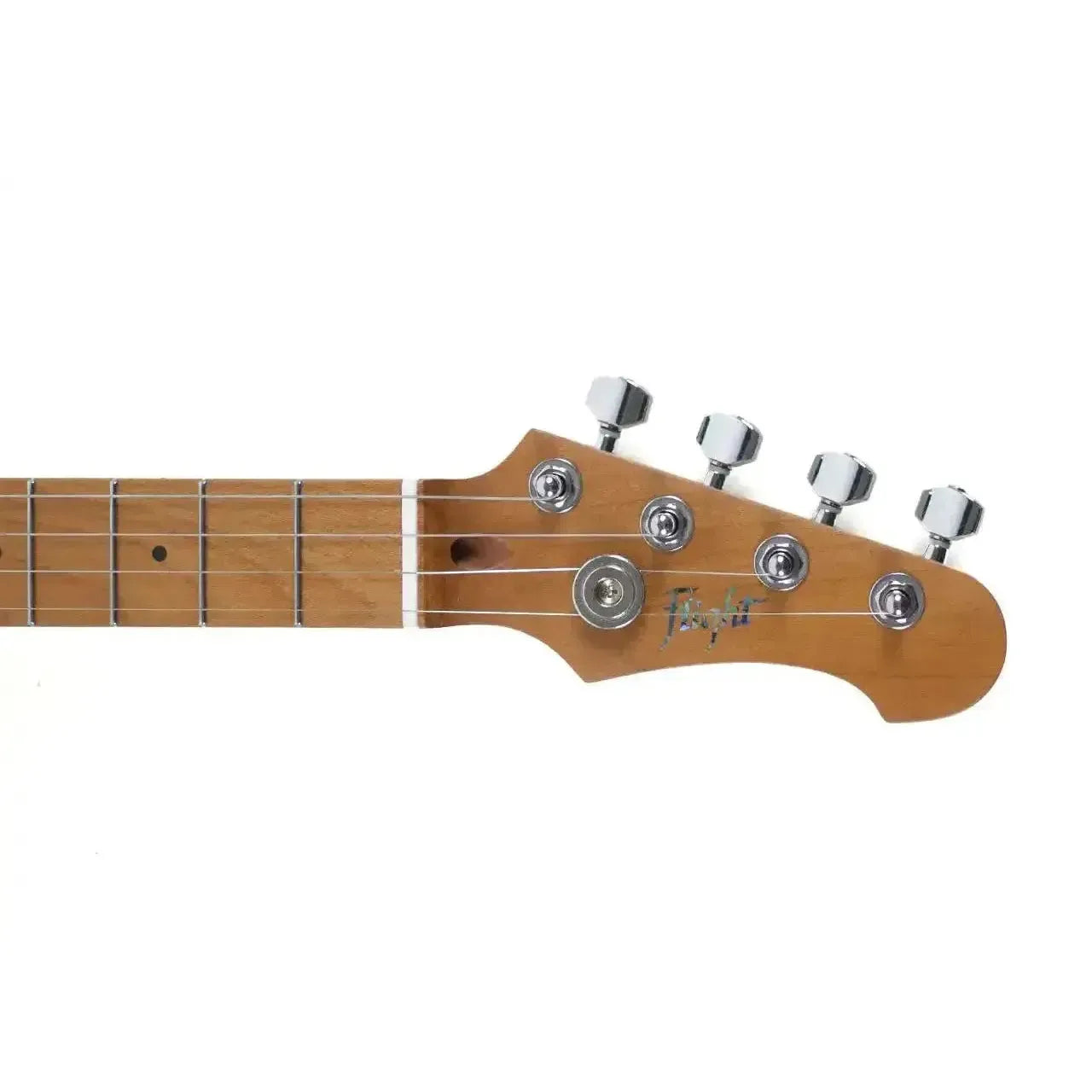 Flight Pathfinder electric baritone ukulele headstock with maple neck, chrome tuners, and Flight logo.