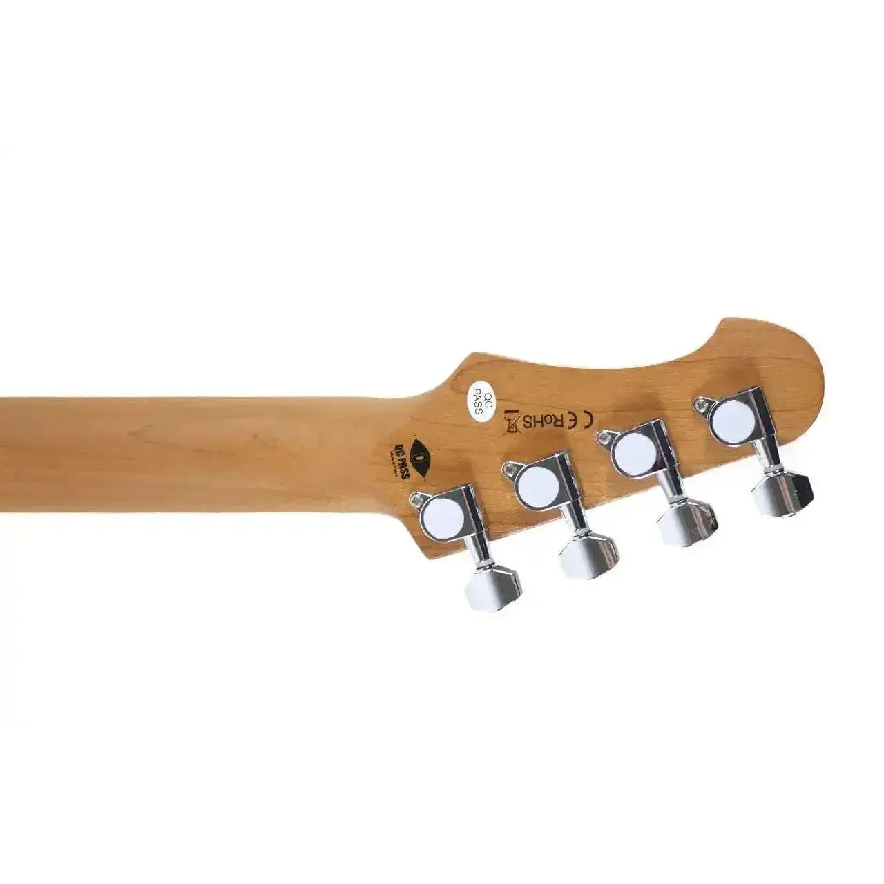 Back of Flight Pathfinder BRG Green Electric Baritone Ukulele headstock with chrome tuners and maple neck.