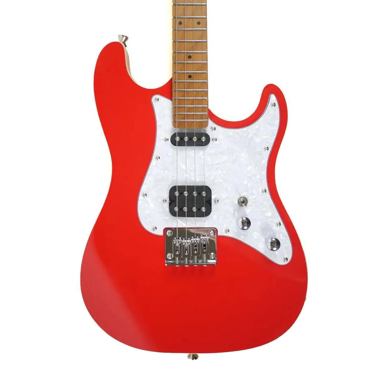 Flight Pathfinder RD Red Electric Baritone Ukulele with solid basswood body, white pickguard, humbucker, and single coil.