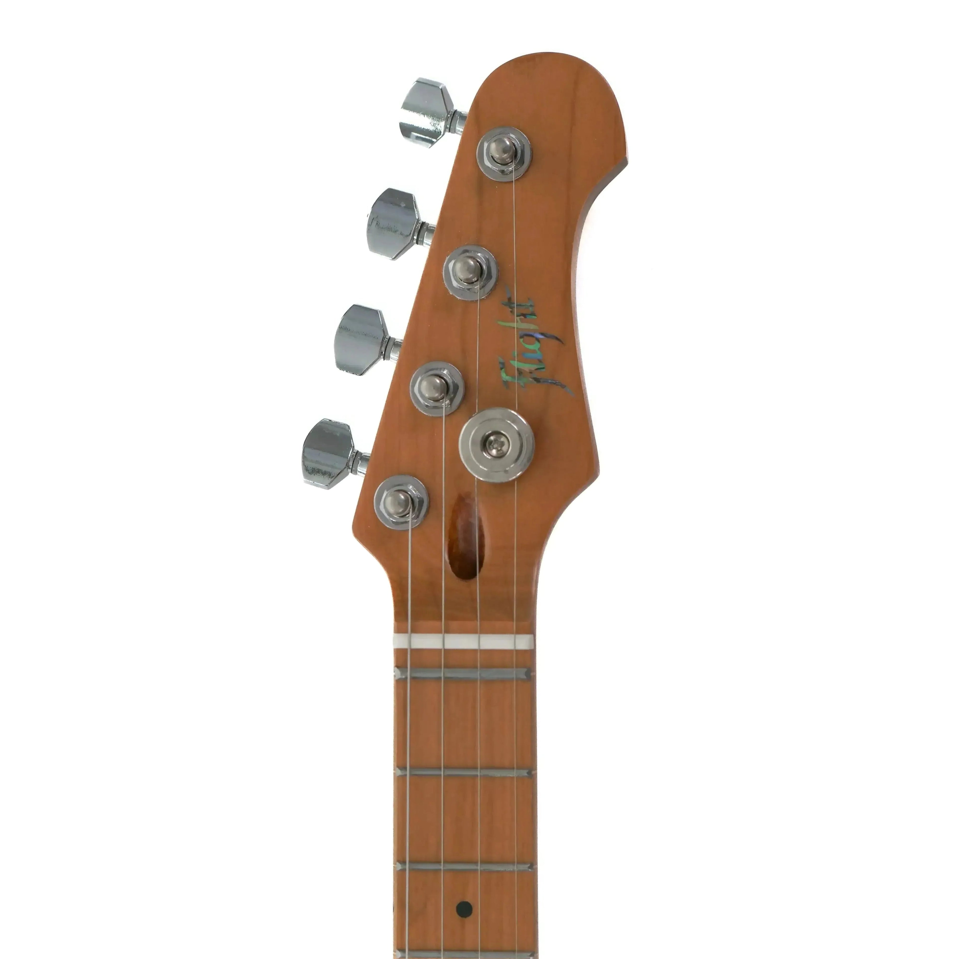 Flight Pathfinder TBK tenor ukulele headstock with roasted maple neck, silver tuners, and Flight logo.