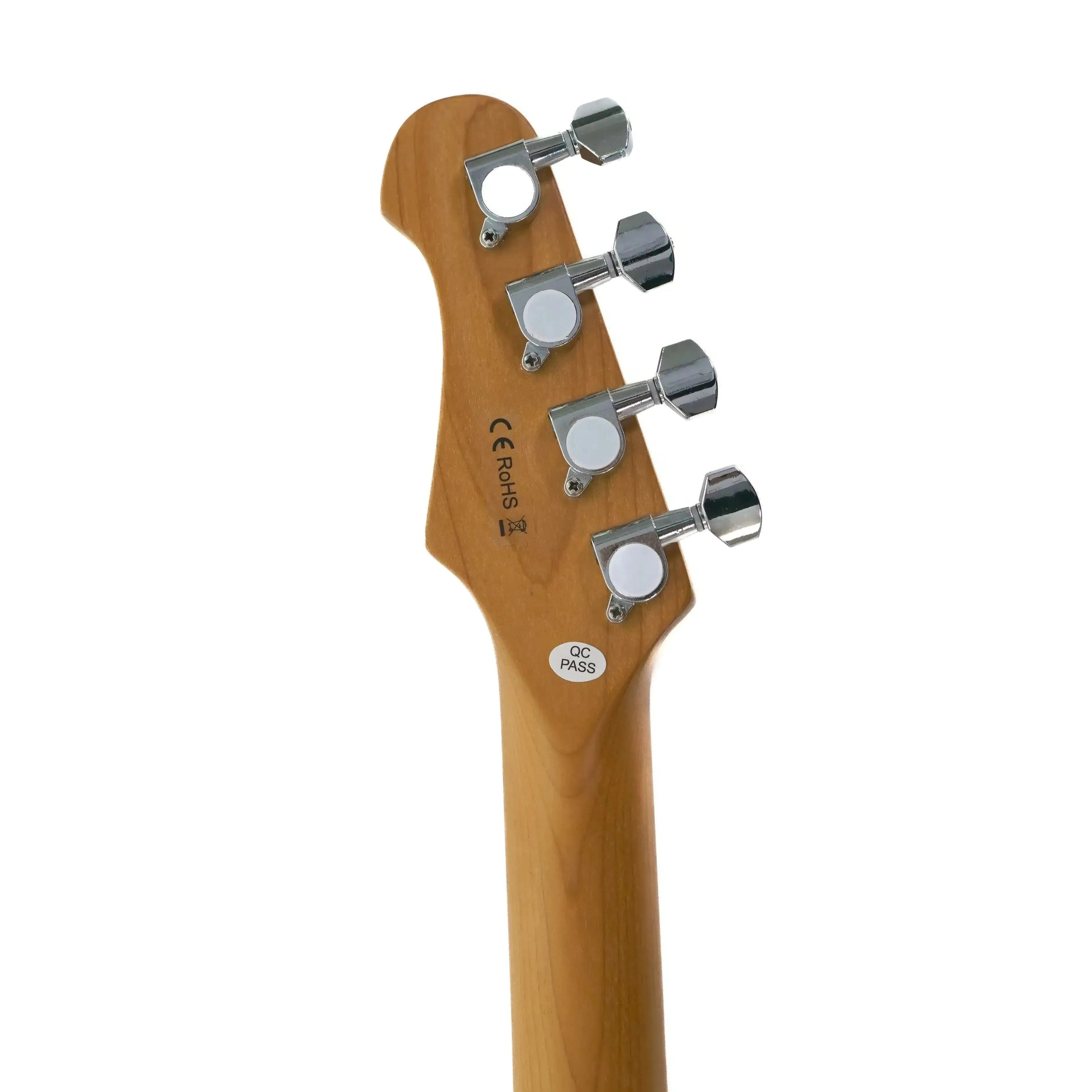 Flight Pathfinder TBK ukulele headstock with roasted maple neck and chrome tuning pegs.