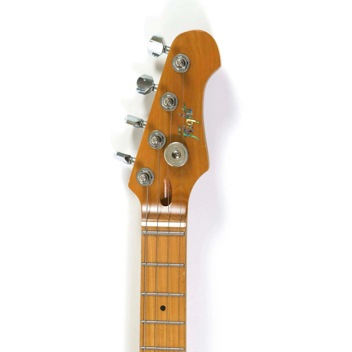 Flight Pathfinder TBL electric tenor ukulele headstock with roasted maple neck and chrome tuners.