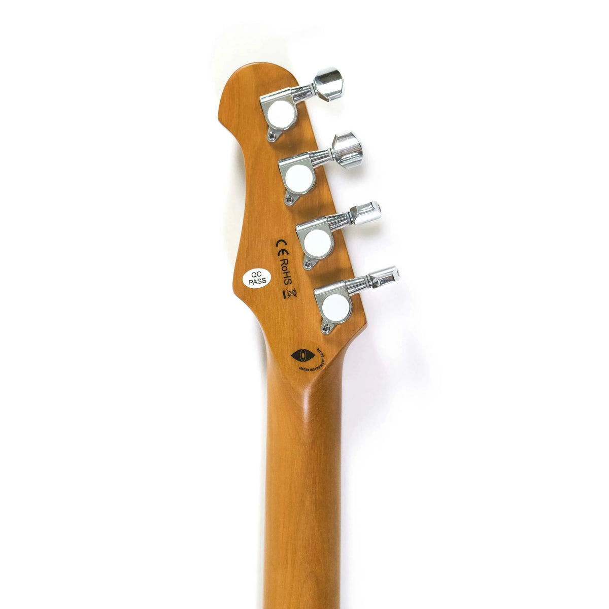 Back of Flight Pathfinder TBL electric tenor ukulele headstock with roasted maple neck and chrome tuners.