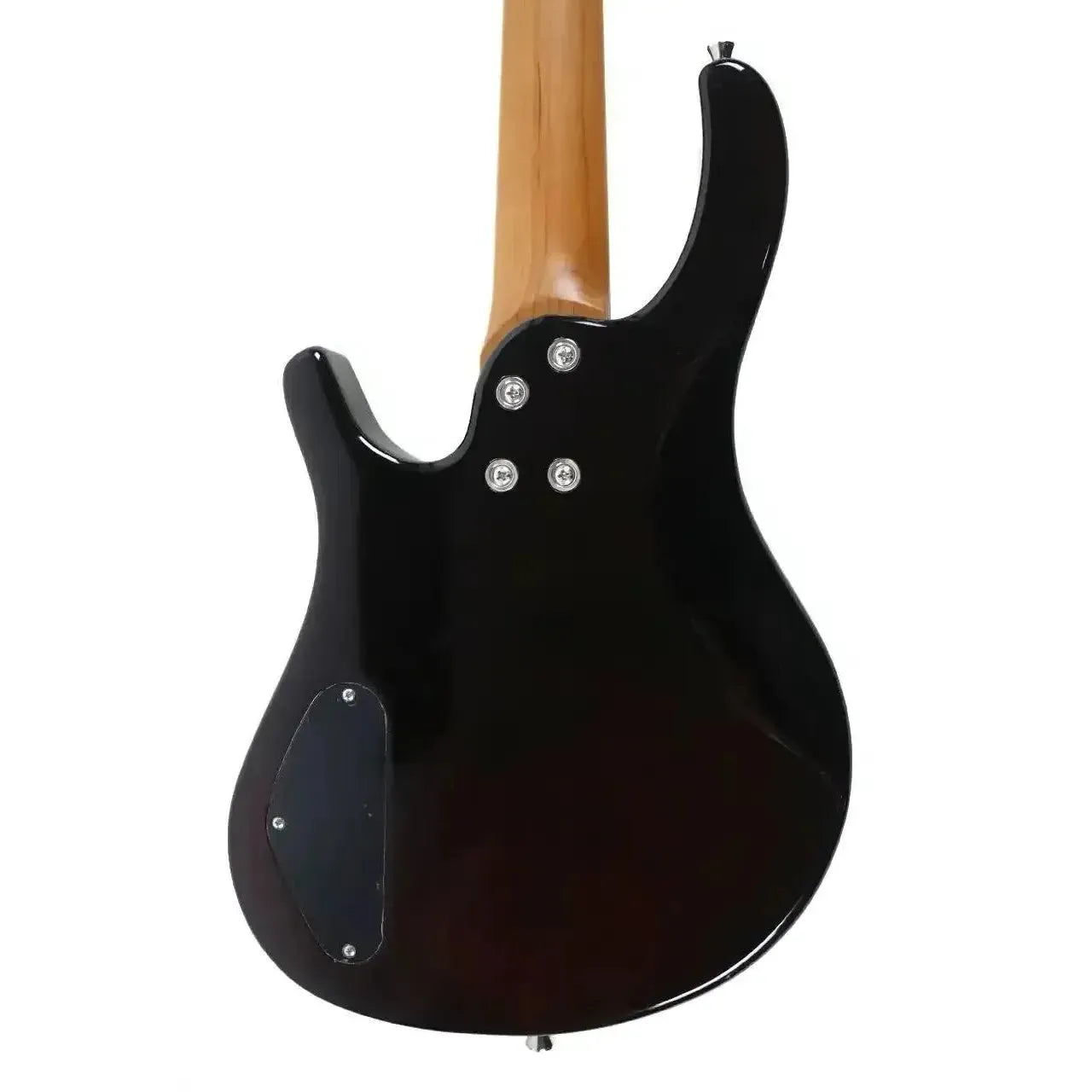 Back of a Flight PBR Mini Bass, showing its dark brown solid mahogany body and light wood neck.