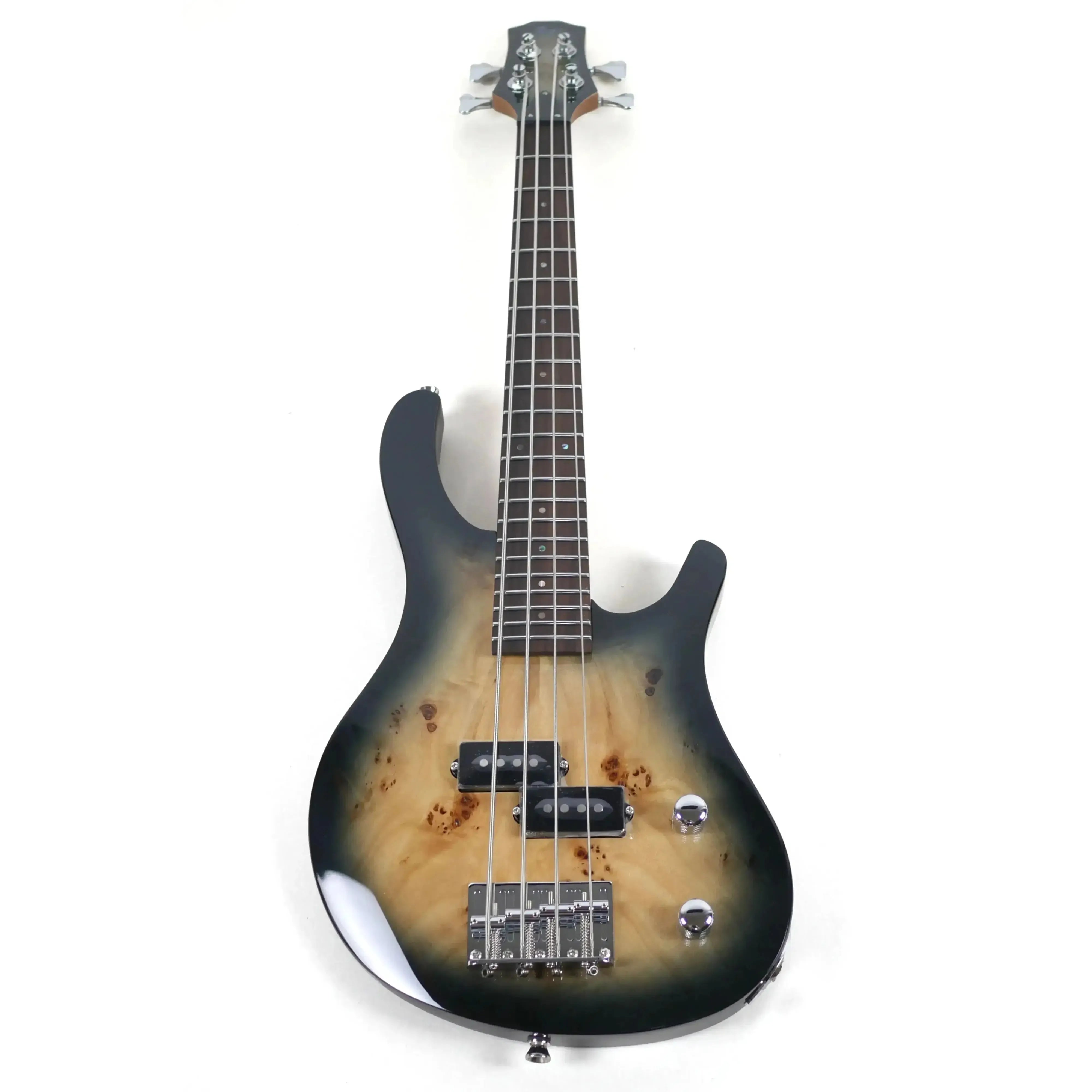 Flight PBR Poplar Burl Top Mini Bass with dark burst finish, rosewood fretboard, and chrome hardware.