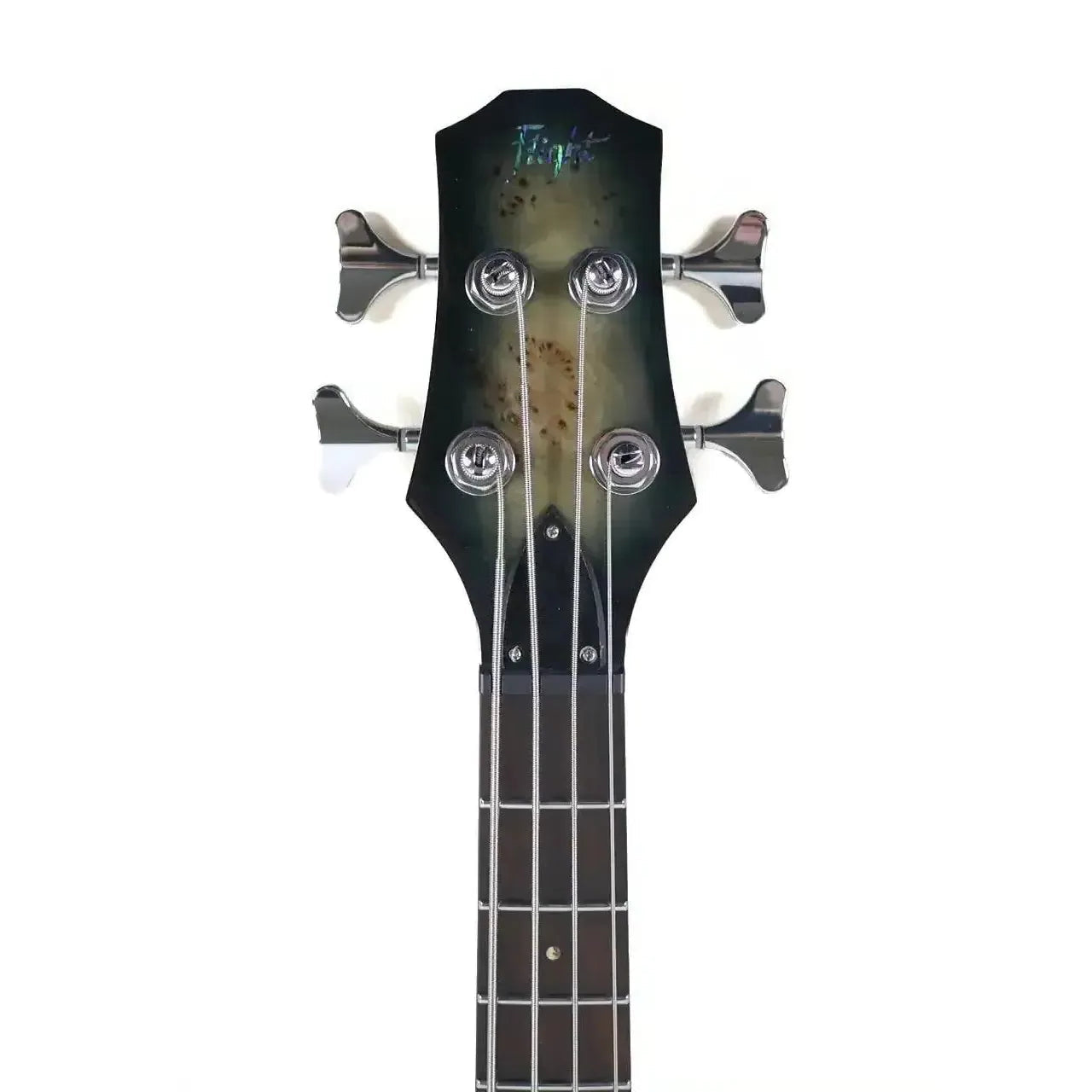 Flight PBR Poplar Burl Mini Bass headstock with dark green and natural wood finish, chrome tuners, and rosewood fretboard.