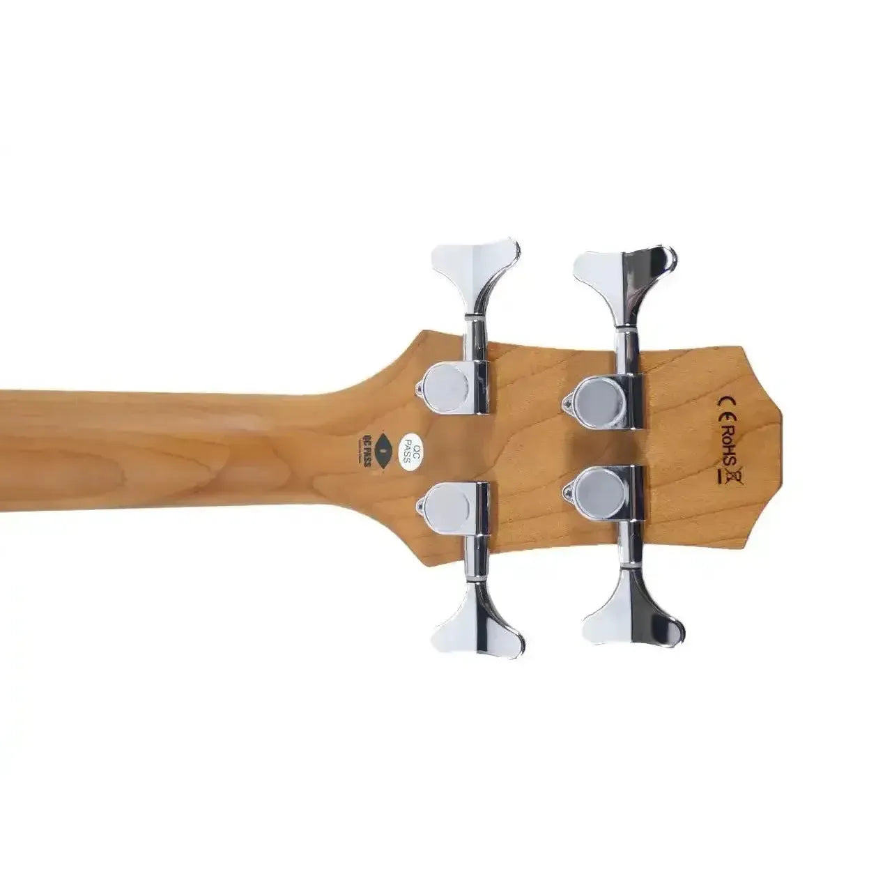 Back of a Flight PBR Mini Bass headstock with roasted maple and four chrome closed-geared tuners.