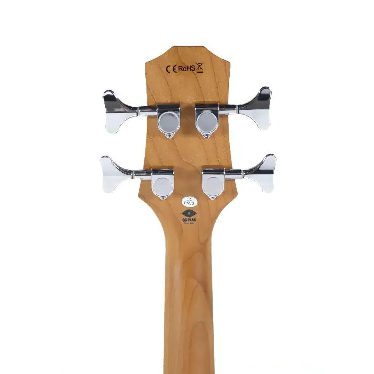 Back of a Flight PBR Mini Bass headstock with roasted maple and four chrome closed-geared tuners.