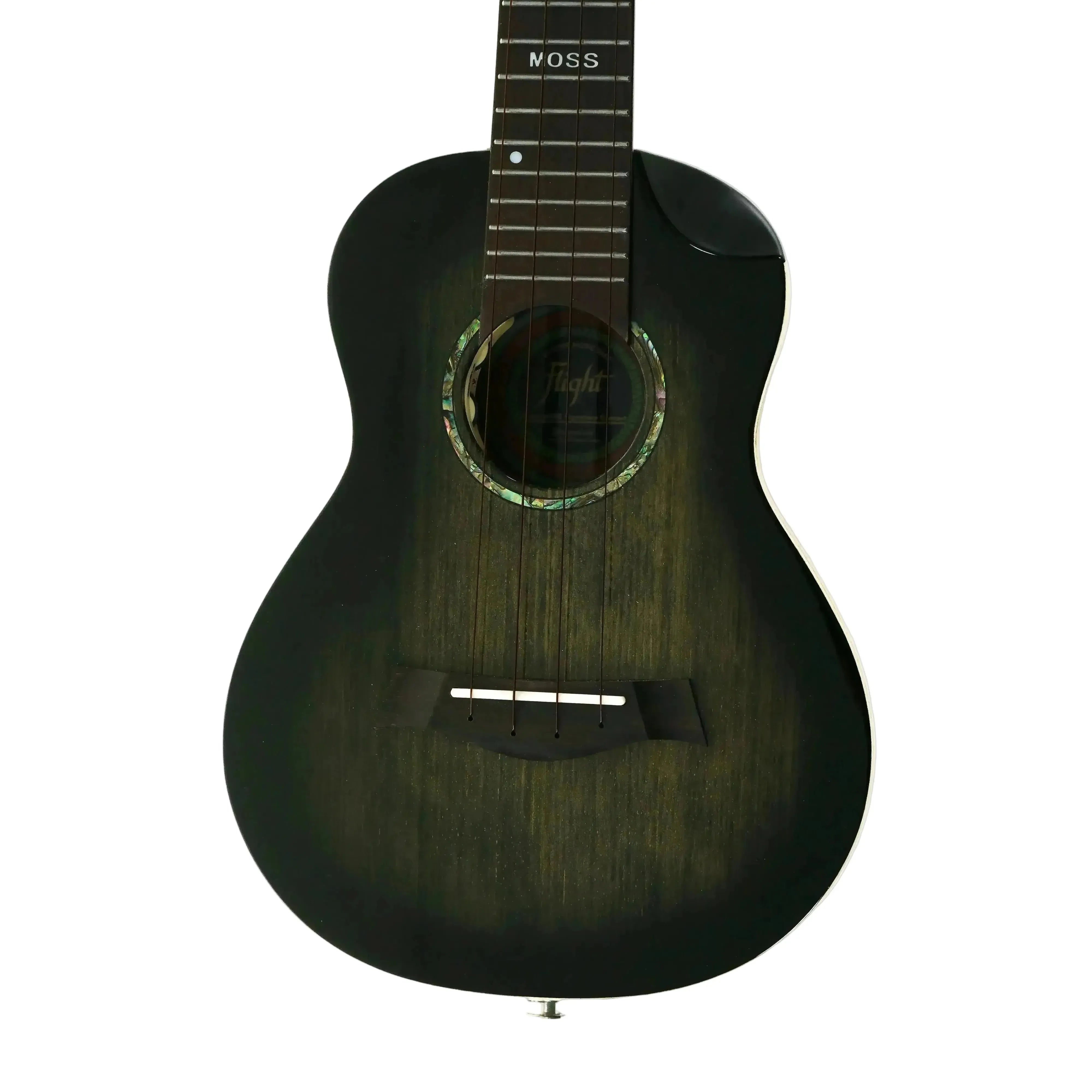 Flight Peter Moss Signature Concert Ukulele, dark green solid spruce top, rosewood fretboard, abalone rosette.