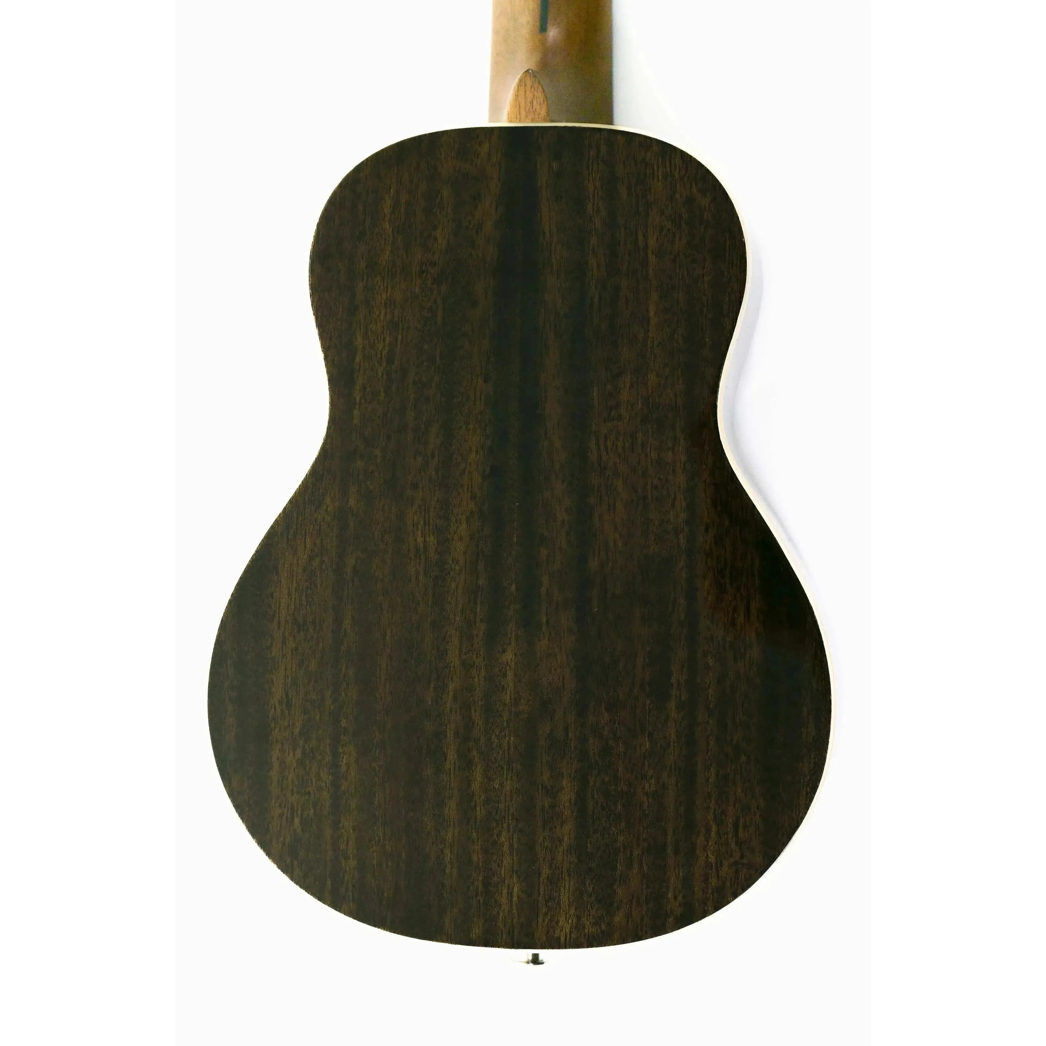 Back of a Flight Peter Moss Signature Concert Ukulele, dark mahogany wood grain.