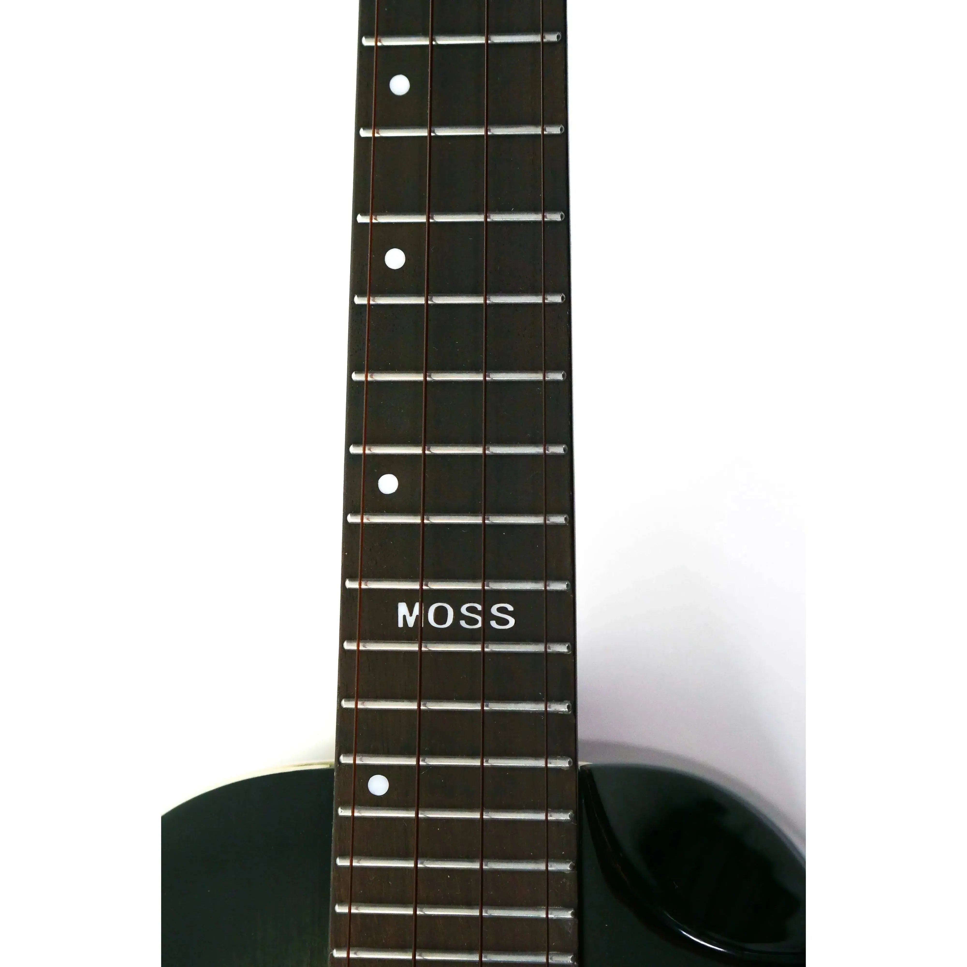 Flight Peter Moss Signature Concert Ukulele fretboard with "MOSS" inlay and offset position markers.