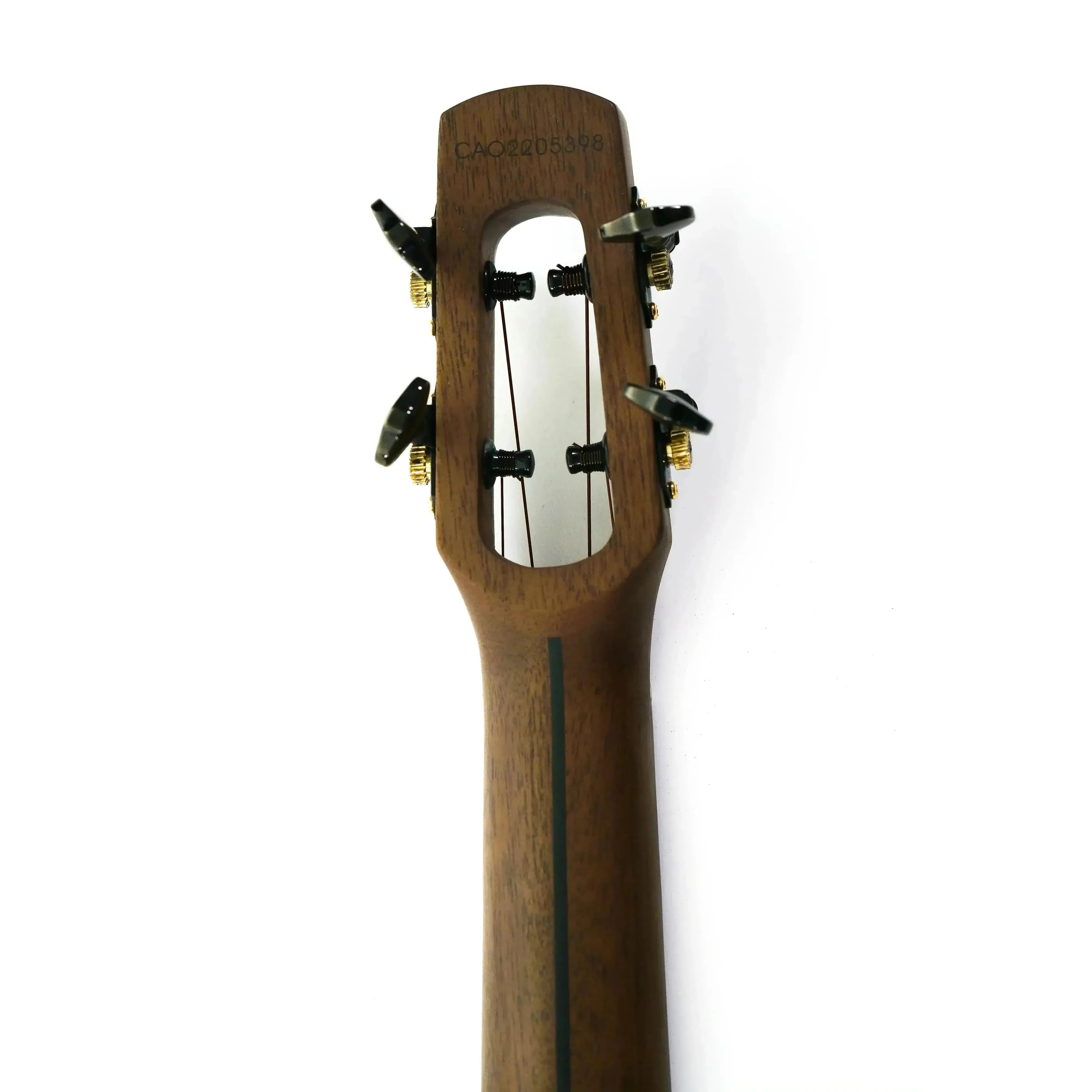 Flight Peter Moss Signature Concert Ukulele headstock with dark wood, gold tuners, and open design.