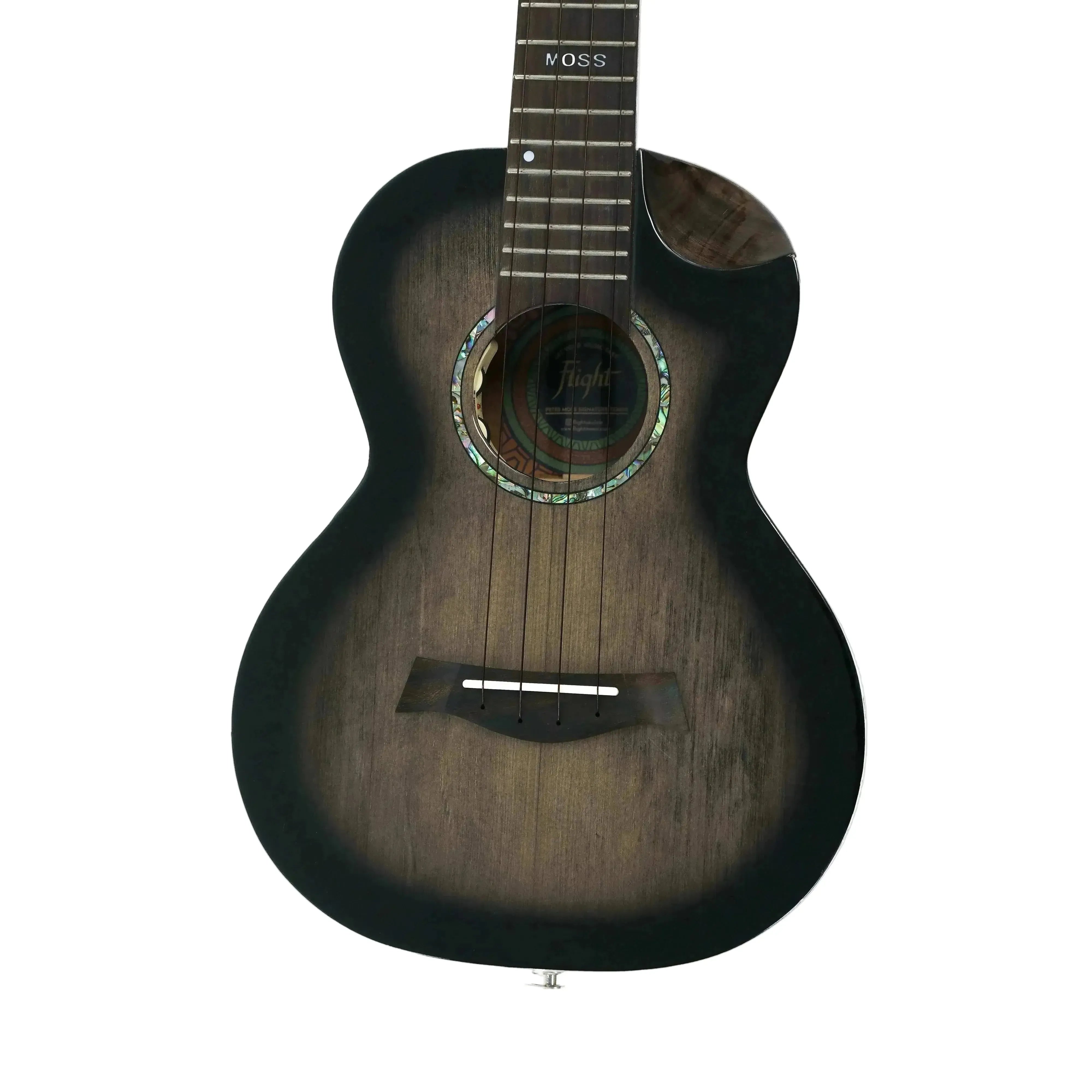 Flight Peter Moss Signature Tenor Ukulele with Moonburst Stain, solid spruce top, and abalone rosette.