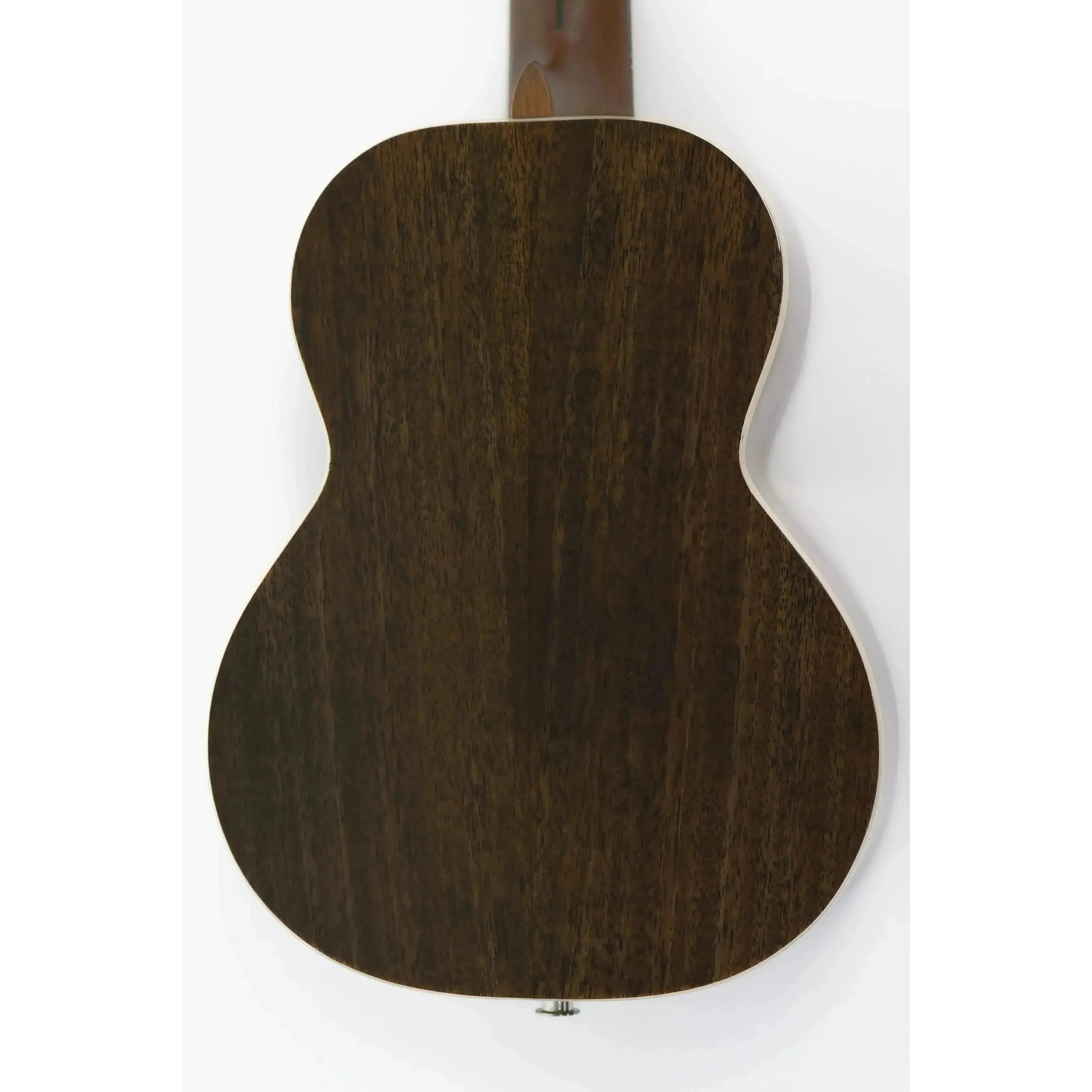 Flight Peter Moss Signature Tenor Ukulele, back view, dark solid mahogany wood with Moonburst Stain.