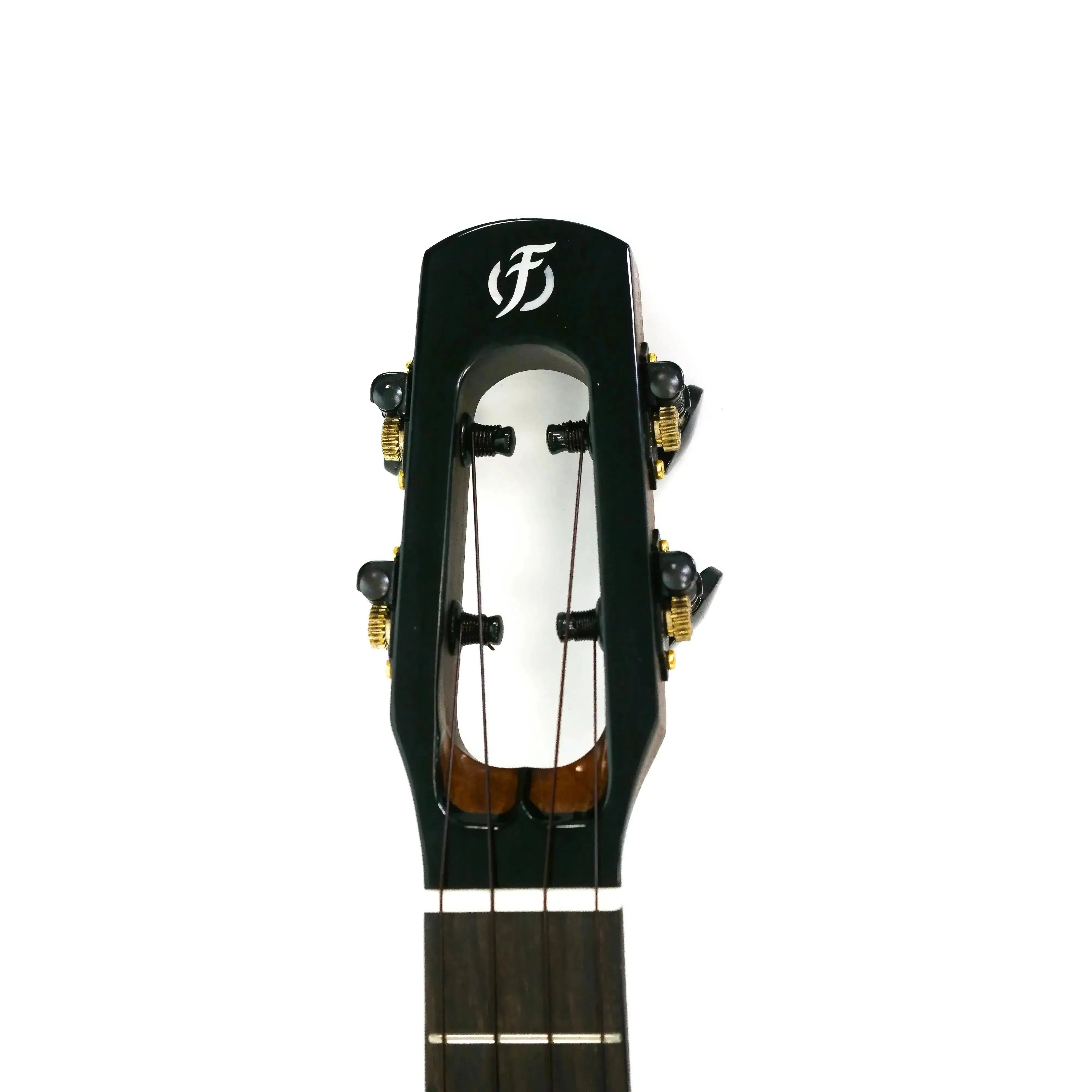 Flight Peter Moss Tenor Ukulele headstock with Moonburst Stain finish, gold tuners, and white Flight logo.