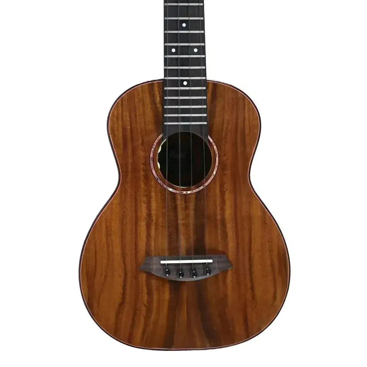 Flight Phantom EQ-A Solid Acacia Tenor Ukulele with dark wood grain, ebony fretboard, and unique bridge.