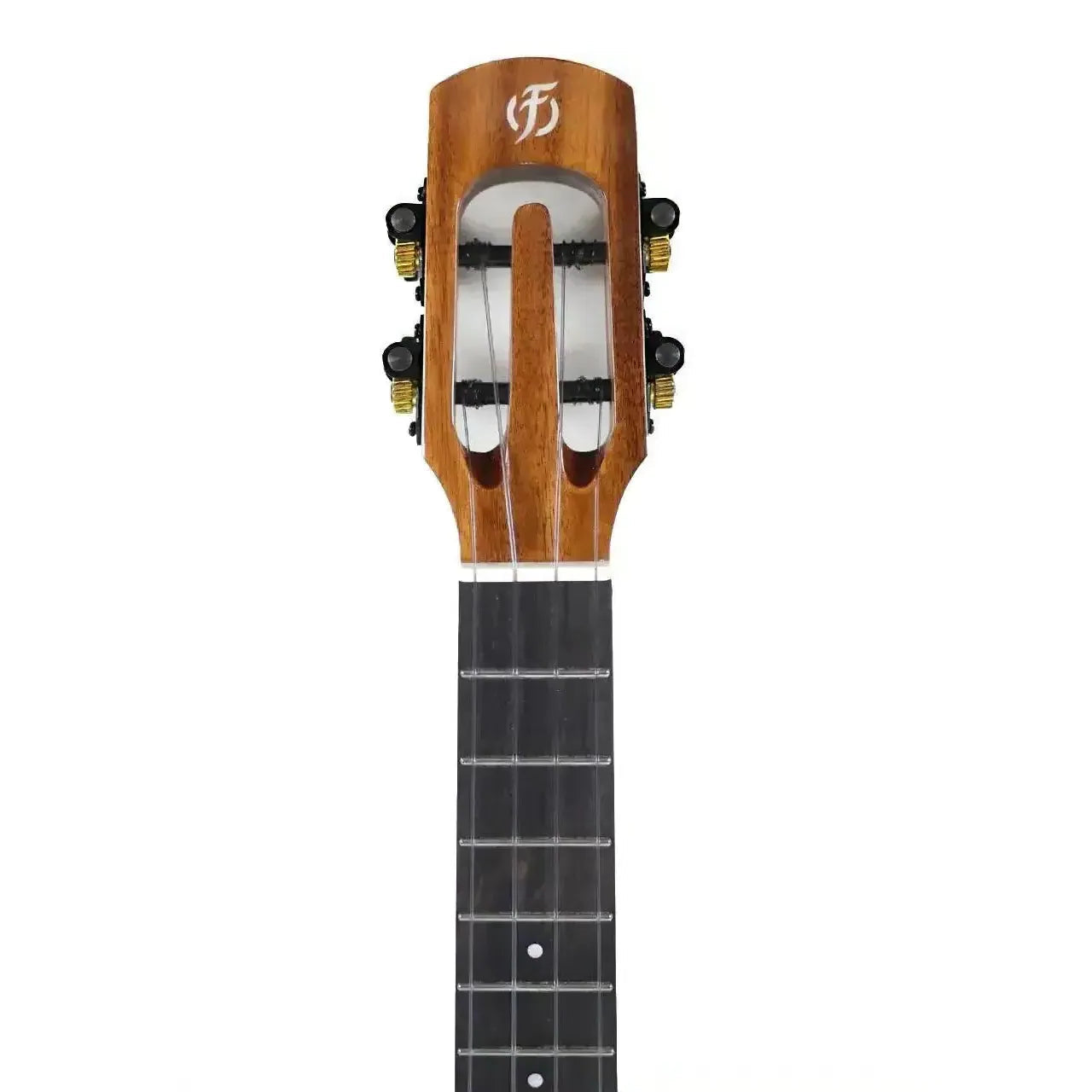 Flight Phantom EQ-A tenor ukulele headstock and fretboard, showing solid acacia wood and unique design.