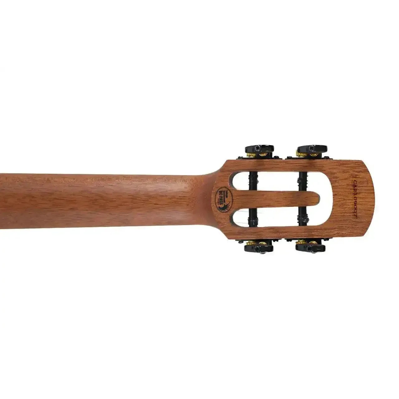 Flight Phantom EQ-A Tenor Ukulele headstock and neck, showing the unique design and dark wood.
