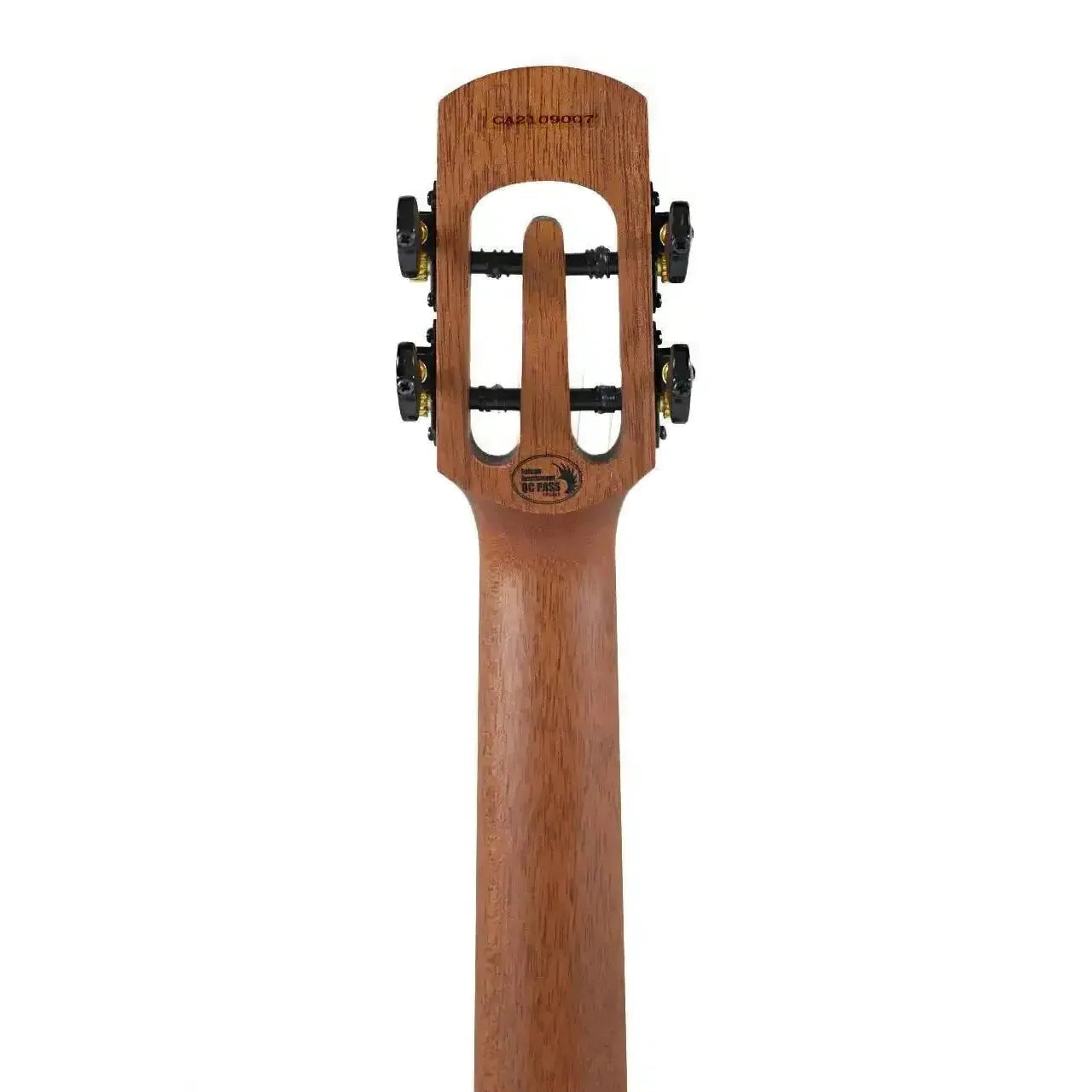 Flight Phantom EQ-A Tenor Ukulele headstock and neck, showing the unique design and dark wood.