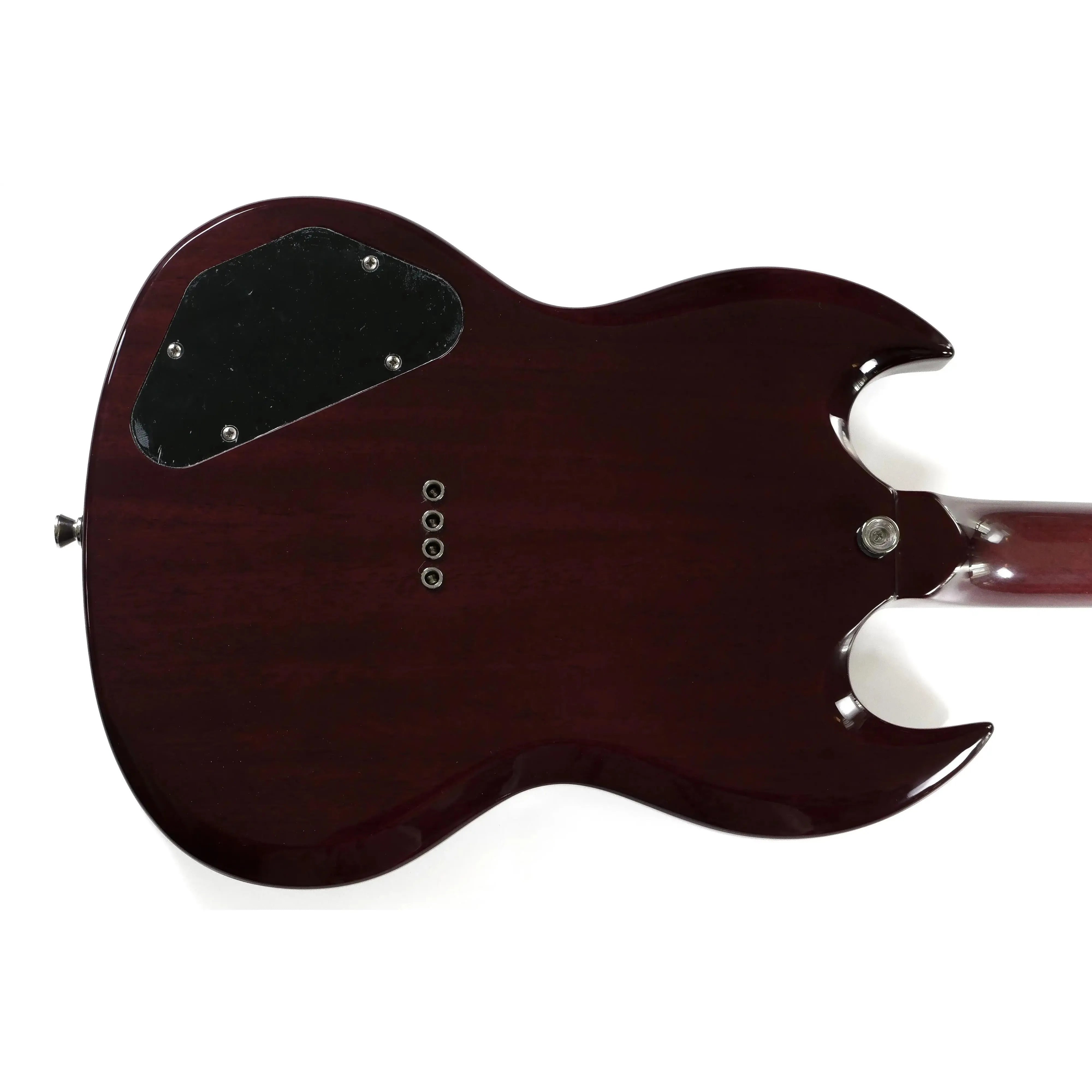 Back of a Flight Pioneer CR Cherry Red electric tenor ukulele with black control plate.