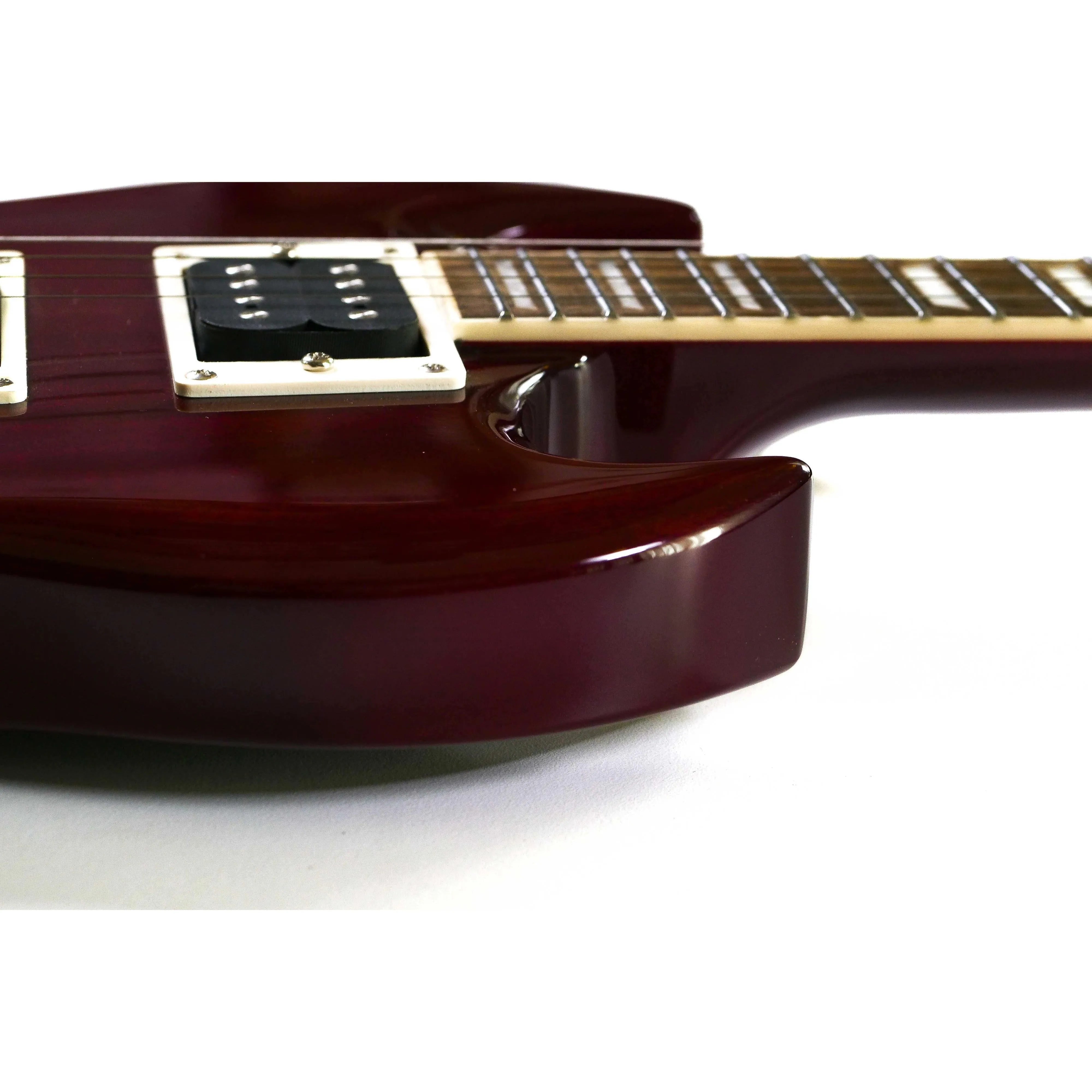 Flight Pioneer CR Cherry Red electric tenor ukulele body with humbuckers and rosewood fretboard.