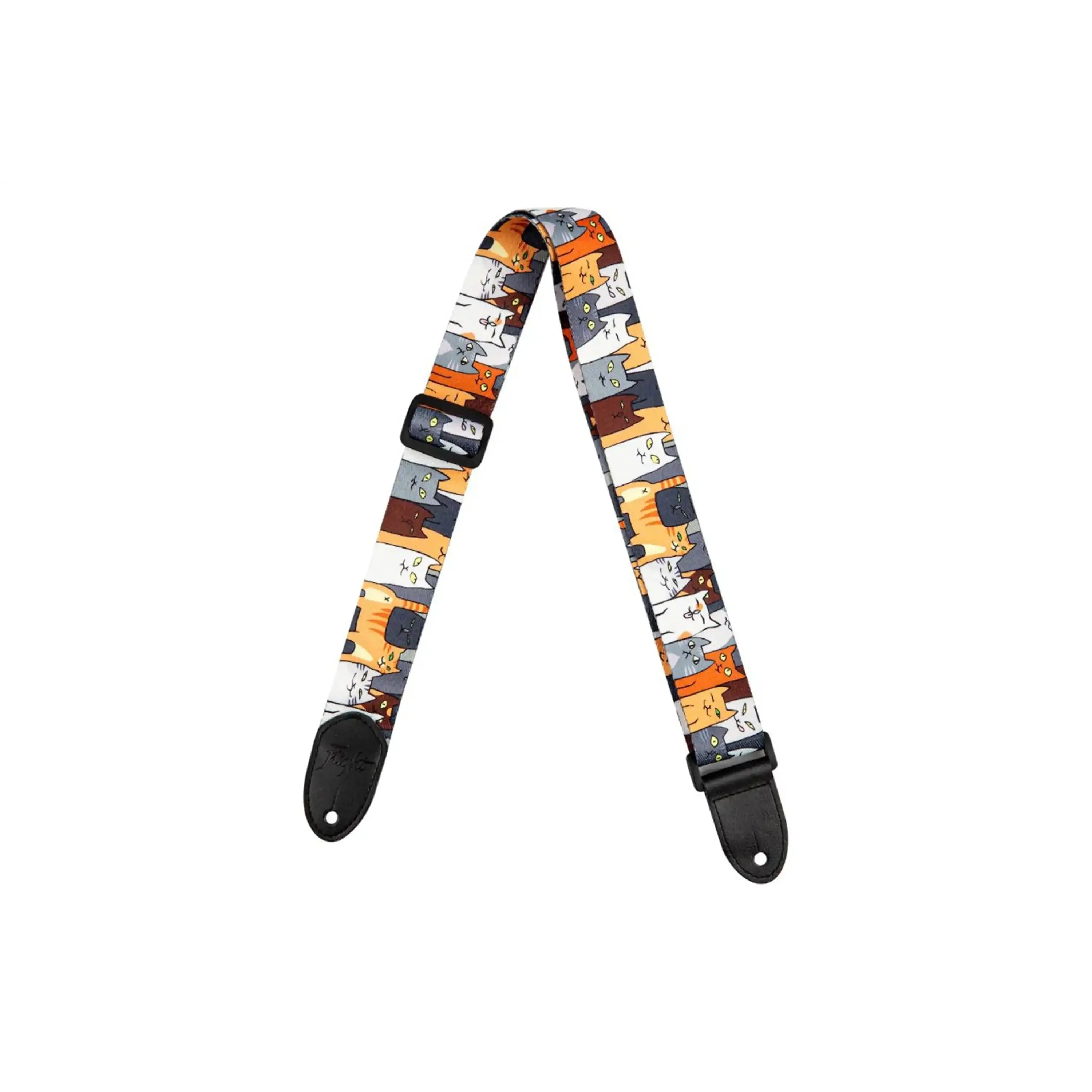 Flight S35 Cats polyester ukulele strap with colorful cat pattern and black leather ends.