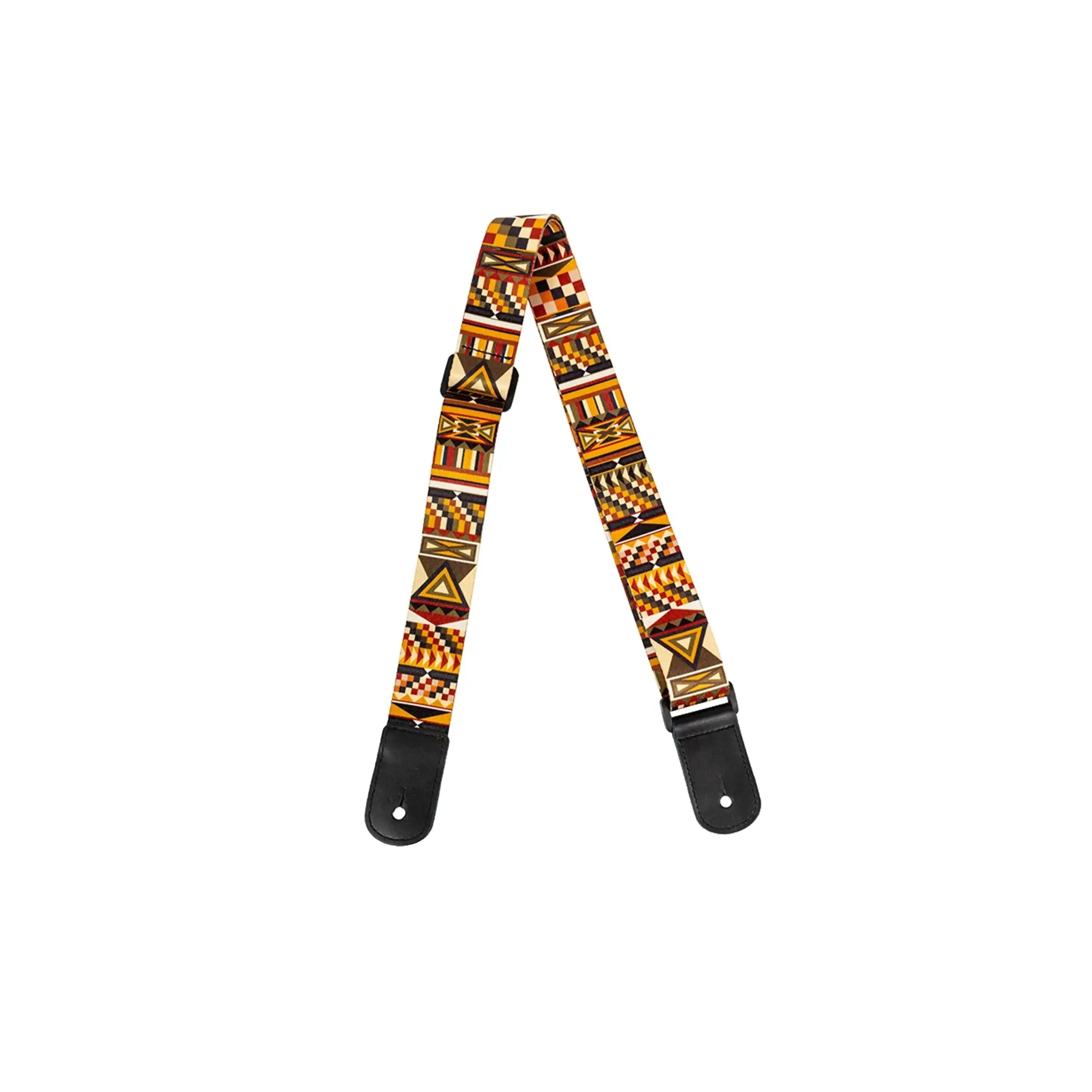 Flight S35 Marigold ukulele strap with geometric pattern, sandy colors, and black leather ends.