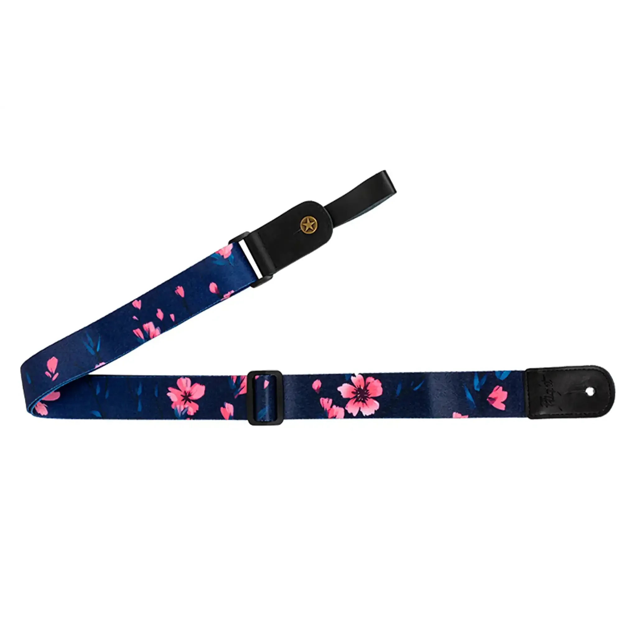 Flight S35 Sakura polyester ukulele strap with pink cherry blossoms on a dark blue background and black leather ends.