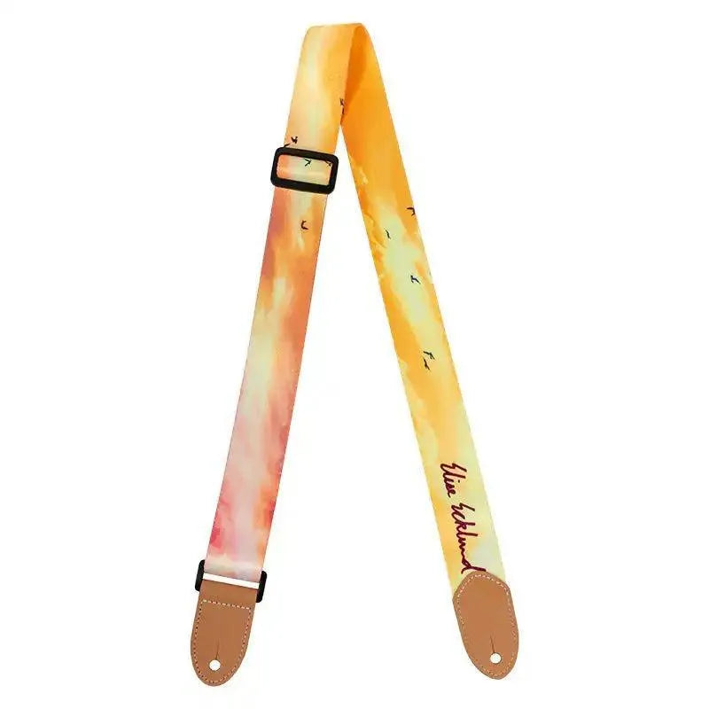 Flight S35 Sunset Polyester Elise Ecklund Ukulele Strap, 1.5 inches wide, with pastel sunset colors and birds.
