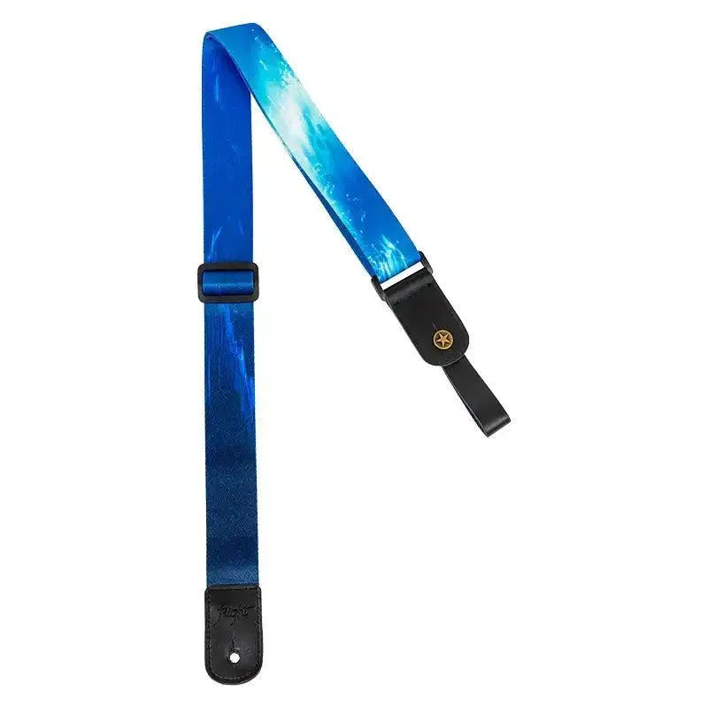 Flight S35 Surf polyester ukulele strap with blue ocean wave design and black leather ends.