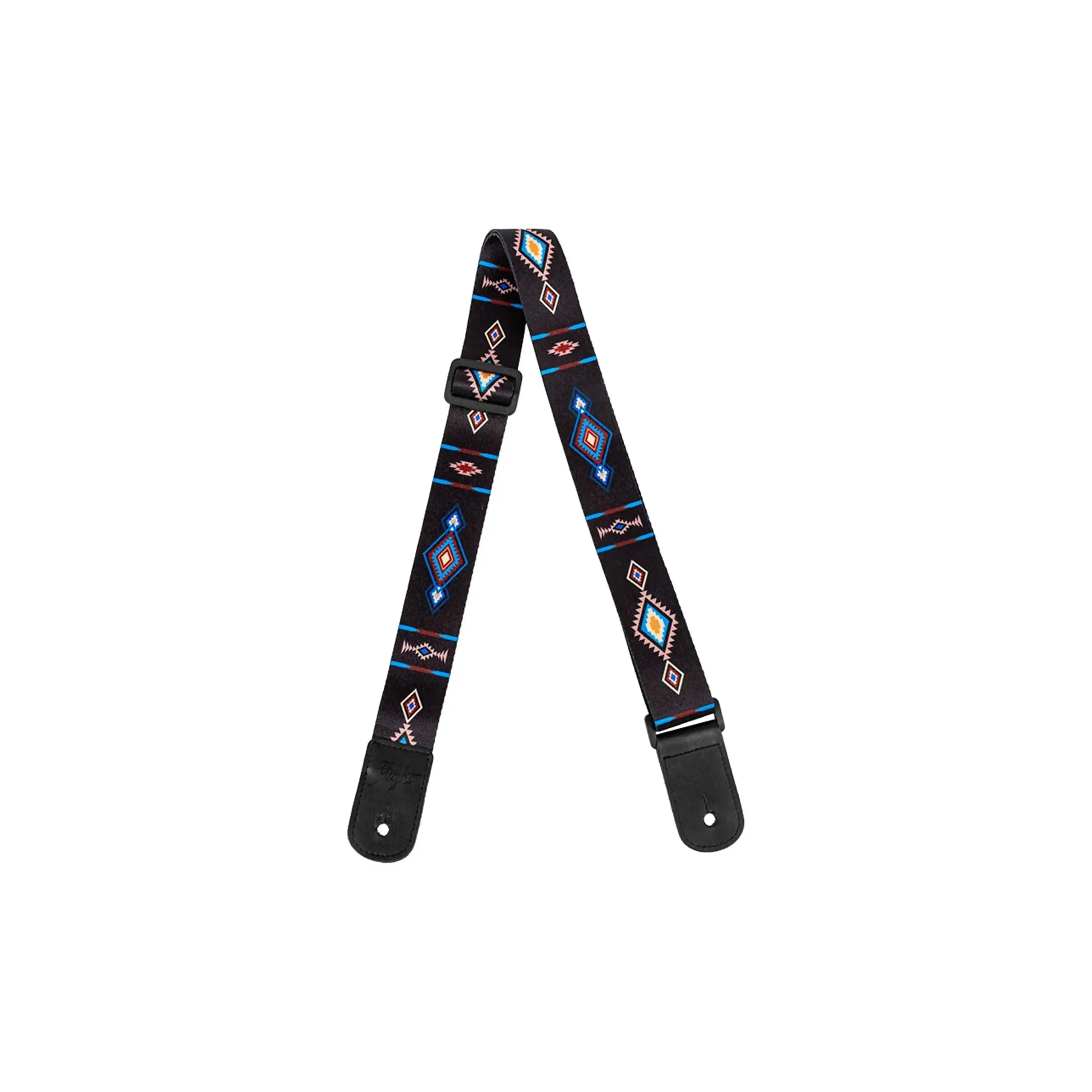 Flight S35 Tempo polyester ukulele strap with dark geometric pattern and black leather ends.