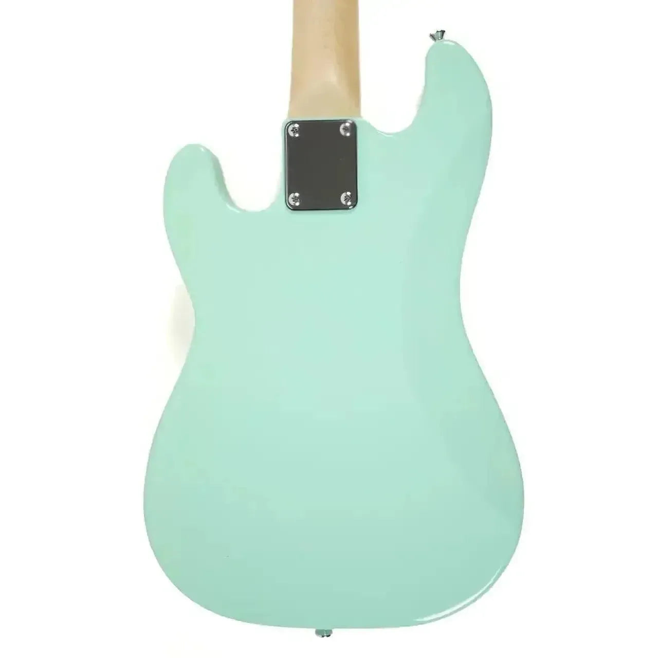 Back of a Flight SFG Electric Lite Mini Bass in sea foam green with a maple neck.