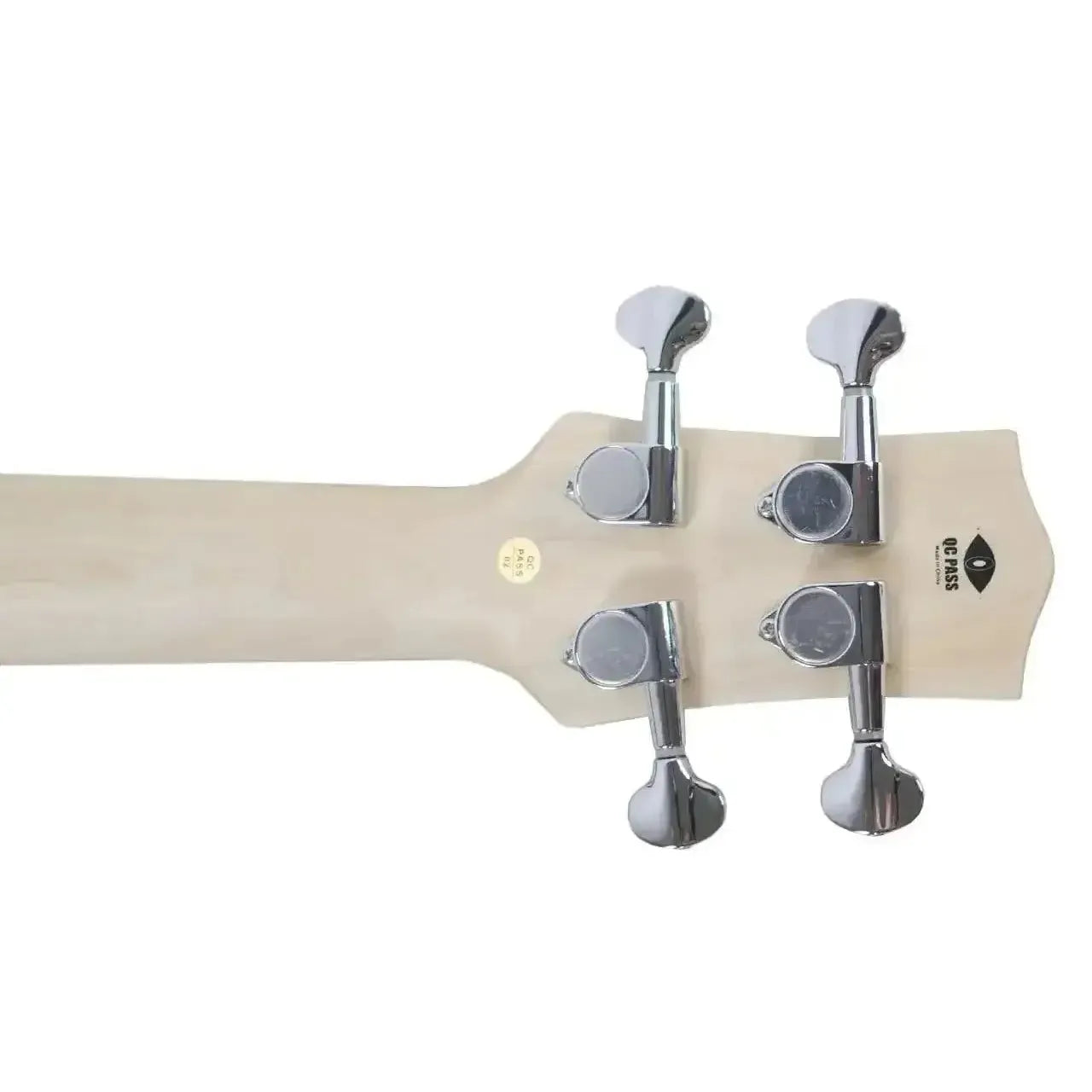 Back of a Flight SFG Electric Lite Mini Bass headstock with four chrome closed-geared tuners.